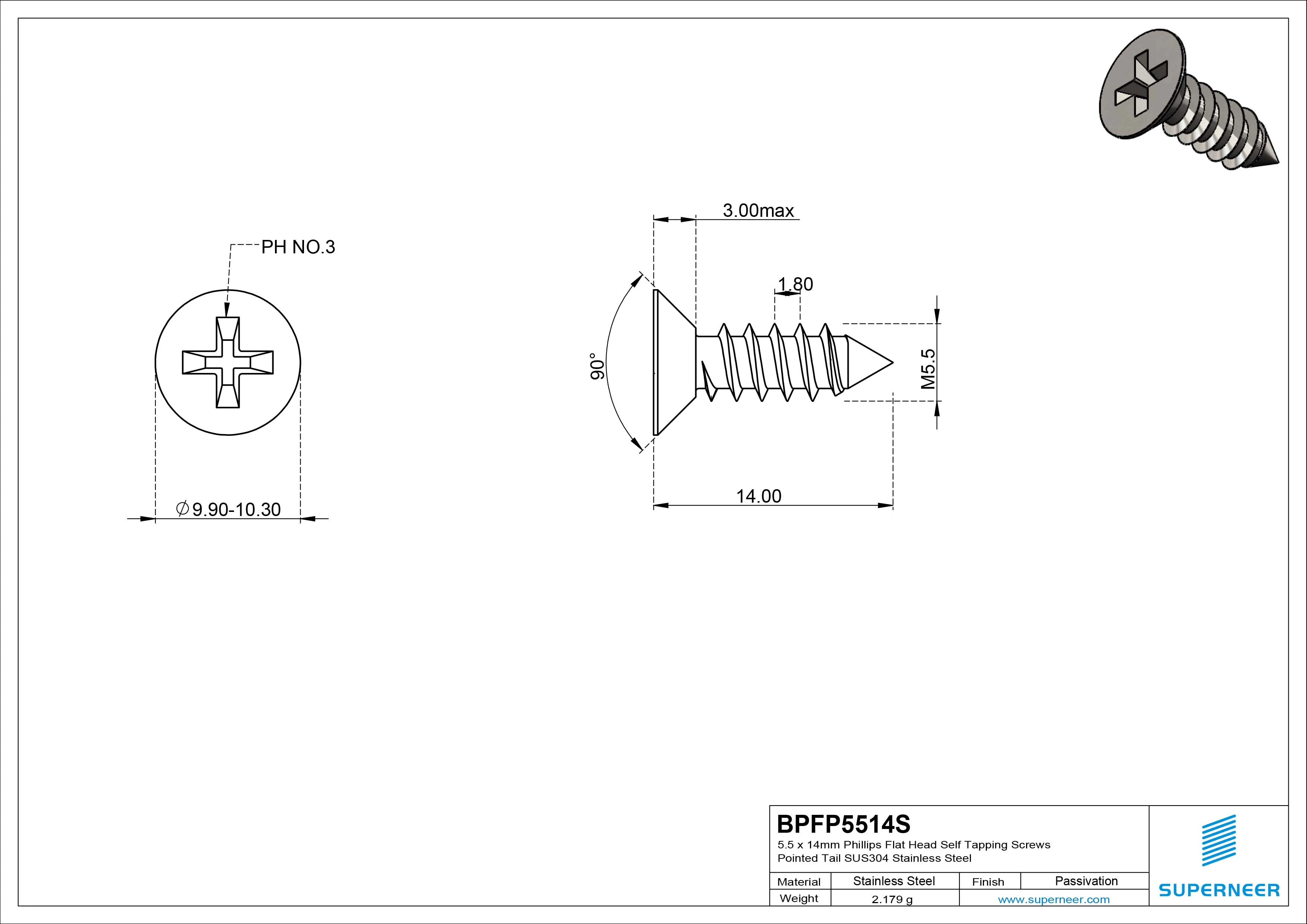 5.5 x 14mm Phillips Flat Head Self Tapping Screws Pointed Tail SUS304 Stainless Steel