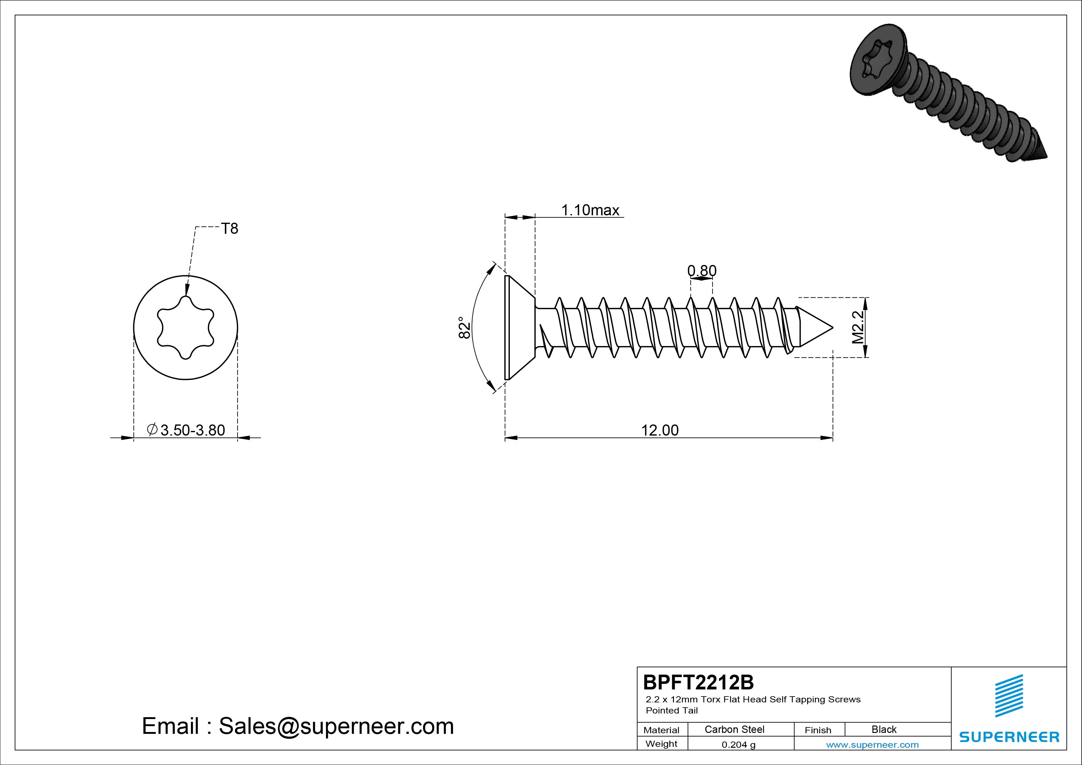 2.2 x 12mm Torx Flat Head Self Tapping Screws Pointed Tail Steel Black Zinc Plated