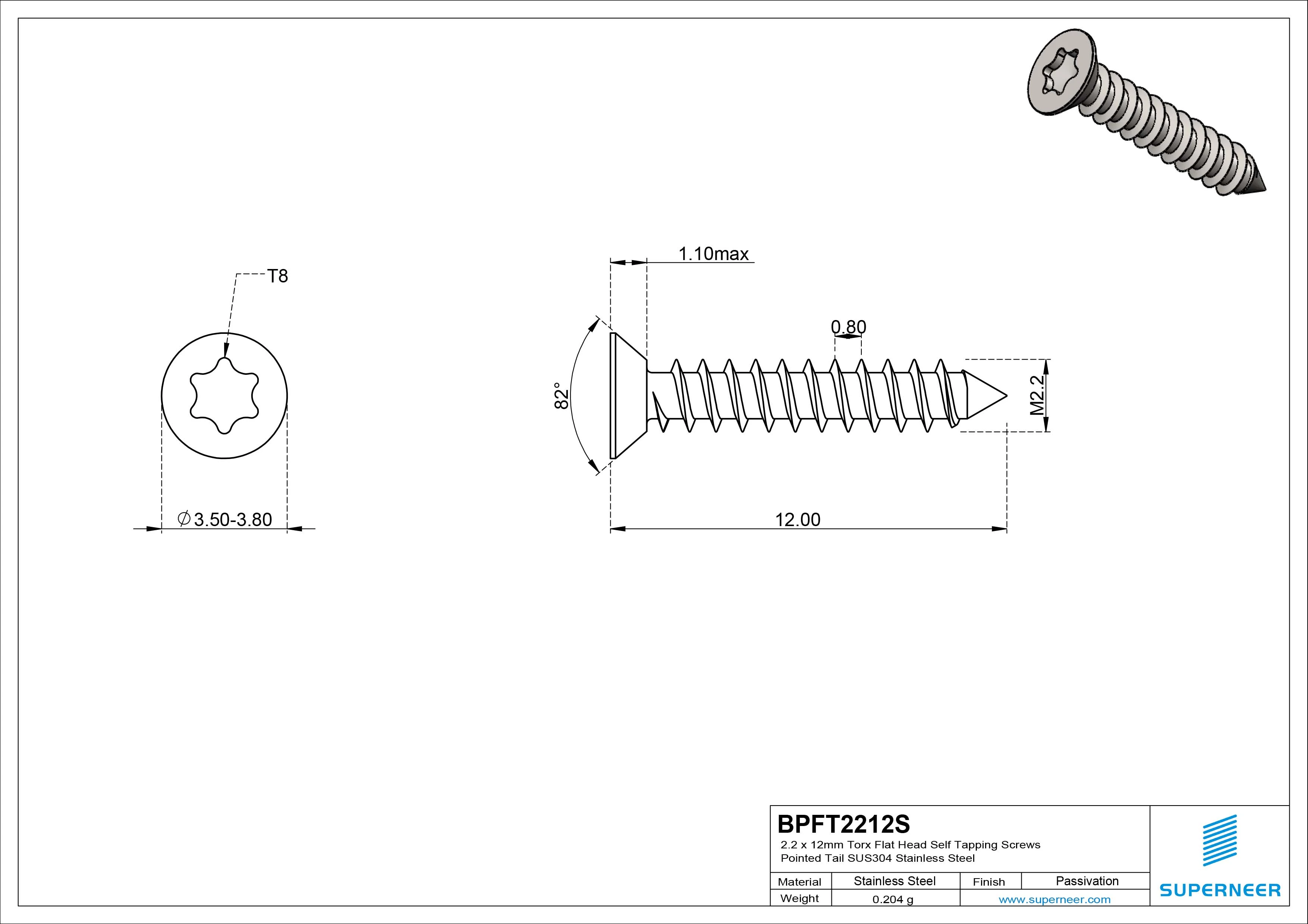 2.2 x 12mm Torx Flat Head Self Tapping Screws Pointed Tail SUS304 Stainless Steel