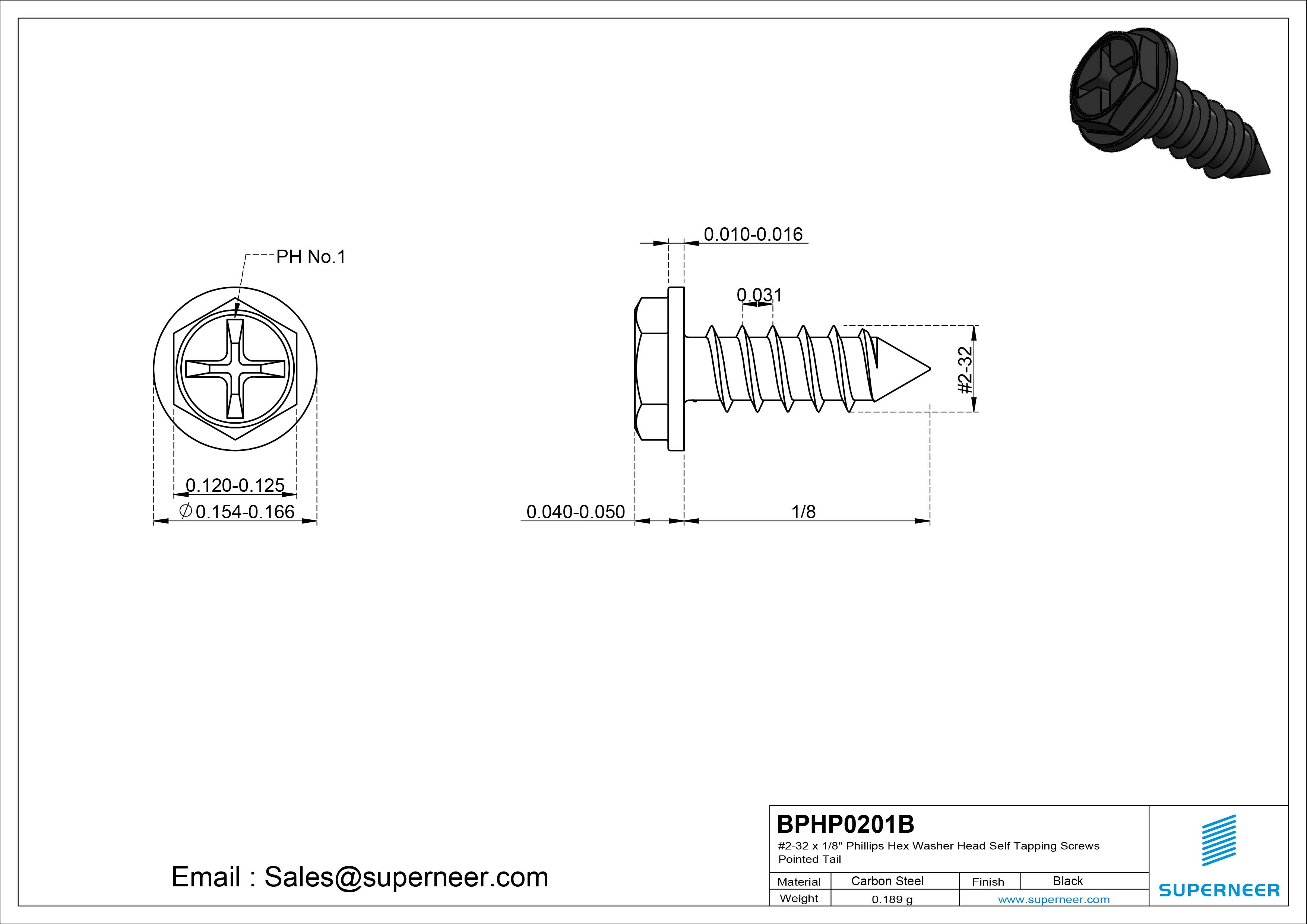 #2-32 x 1/8" Phillips Hex Washer Head Self Tapping Screws Pointed Tail SUS304 Stainless Steel