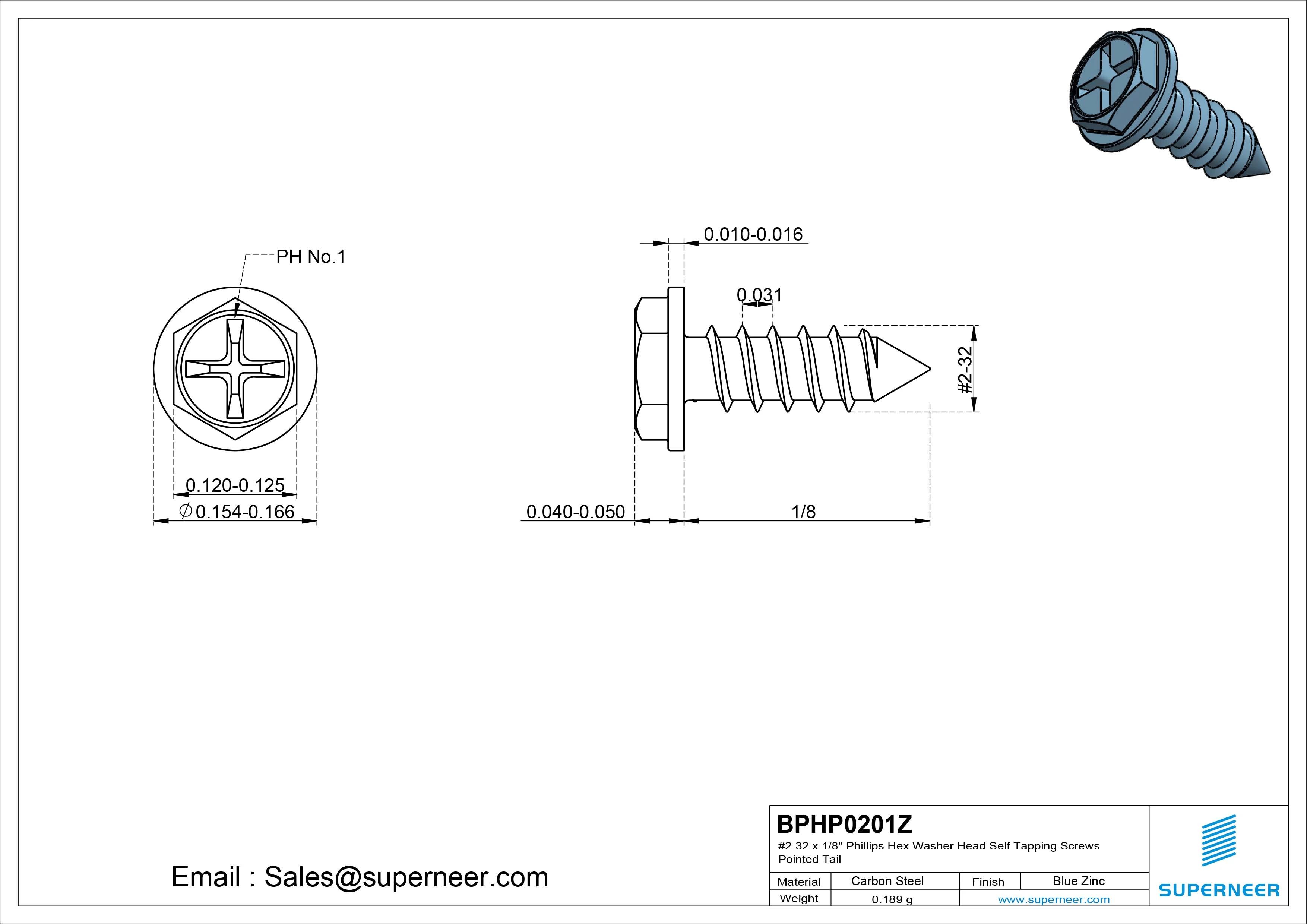 #2-32 x 1/8" Phillips Hex Washer Head Self Tapping Screws Pointed Tail SUS304 Stainless Steel