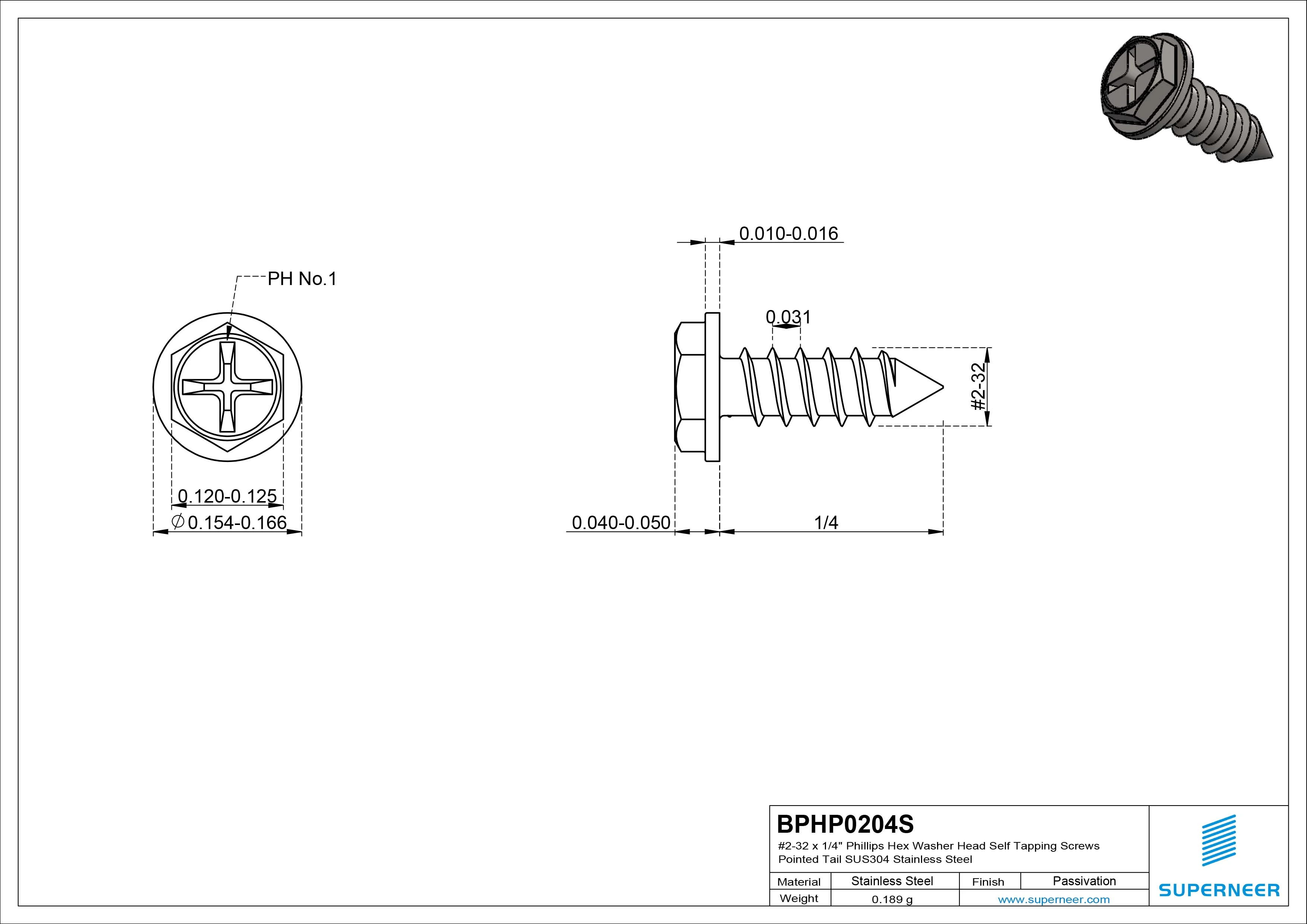 #2-32 x 1/4" Phillips Hex Washer Head Self Tapping Screws Pointed Tail SUS304 Stainless Steel