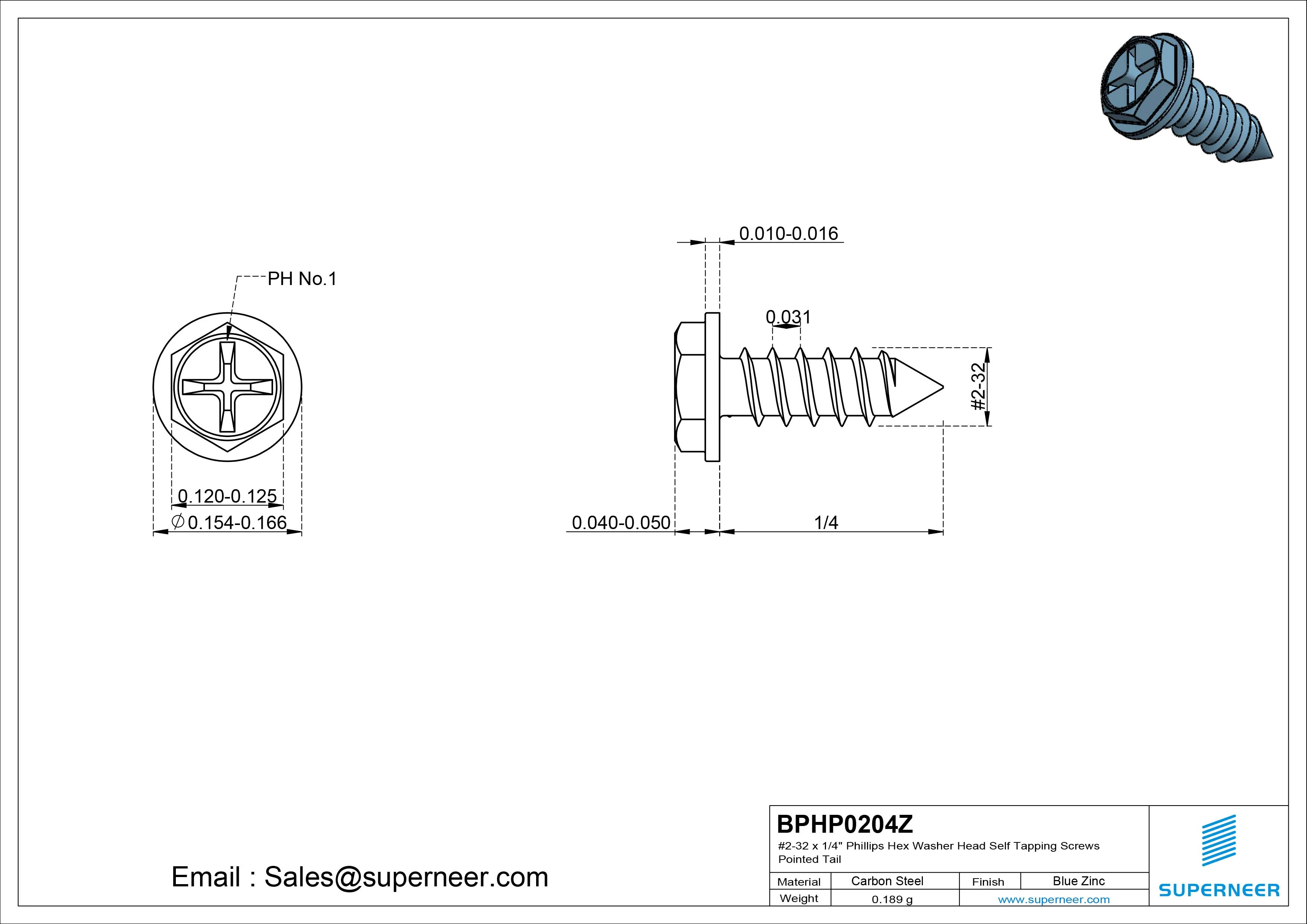 #2-32 x 1/4" Phillips Hex Washer Head Self Tapping Screws Pointed Tail SUS304 Stainless Steel