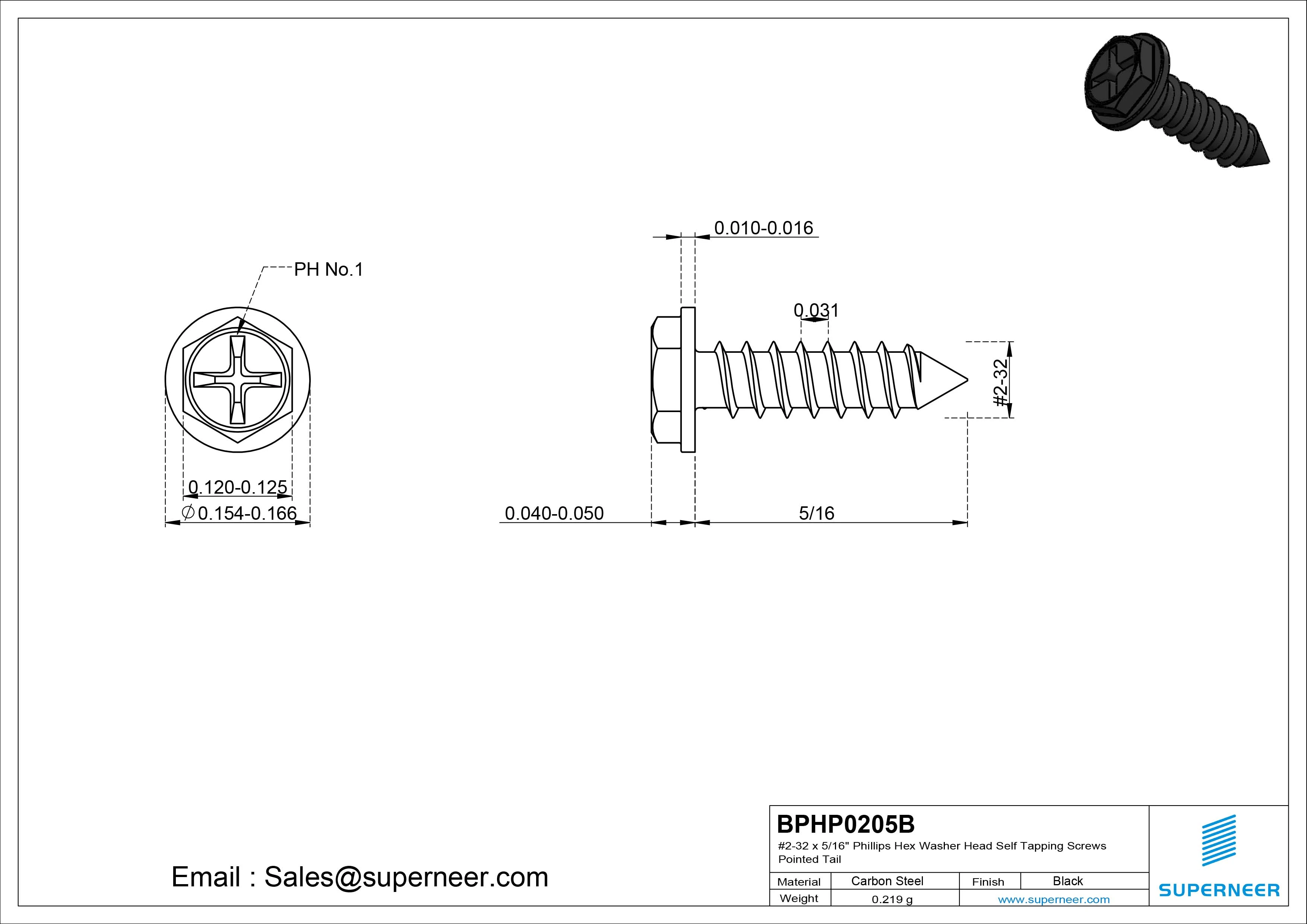 #2-32 x 5/16" Phillips Hex Washer Head Self Tapping Screws Pointed Tail SUS304 Stainless Steel