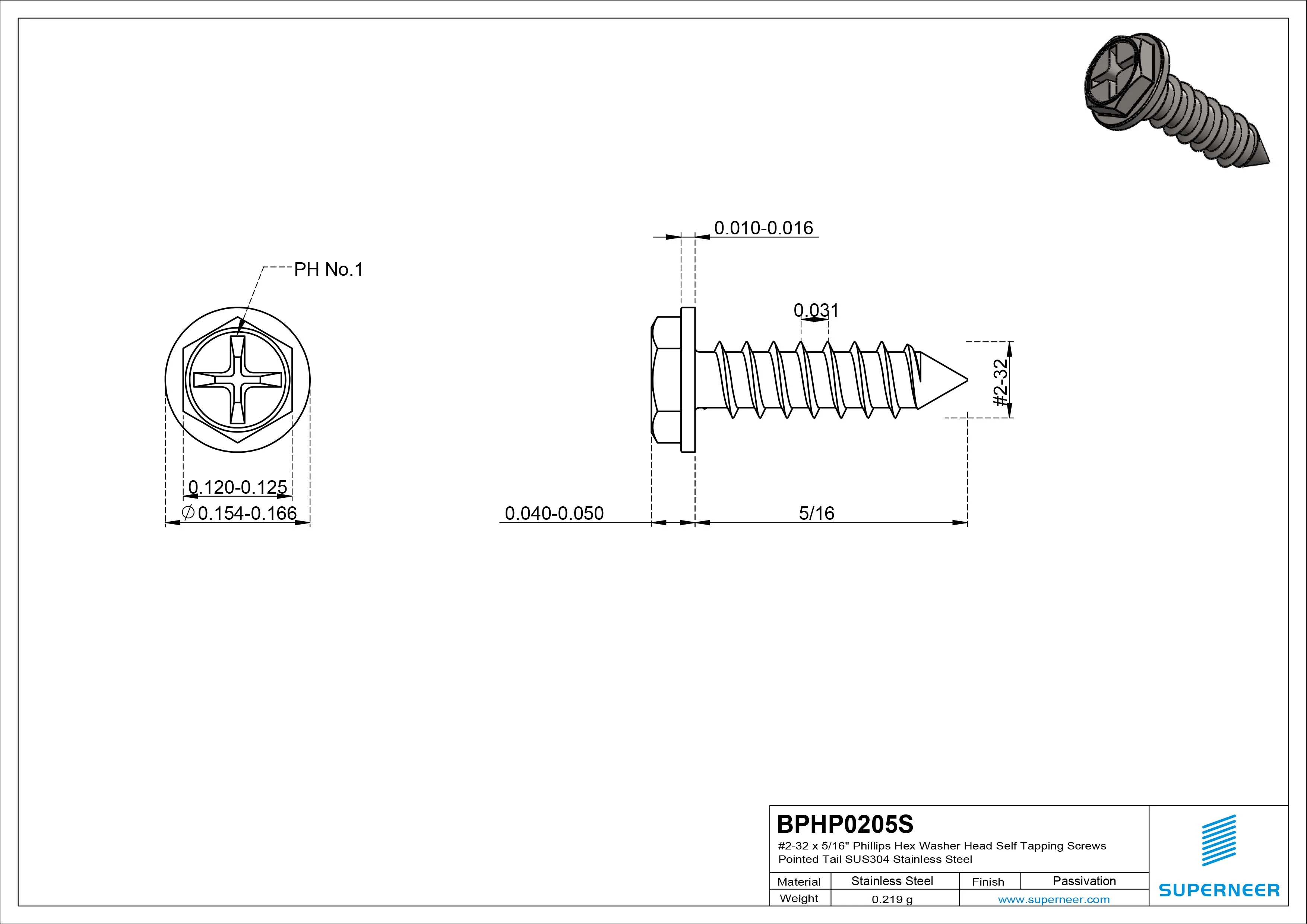 #2-32 x 5/16" Phillips Hex Washer Head Self Tapping Screws Pointed Tail SUS304 Stainless Steel