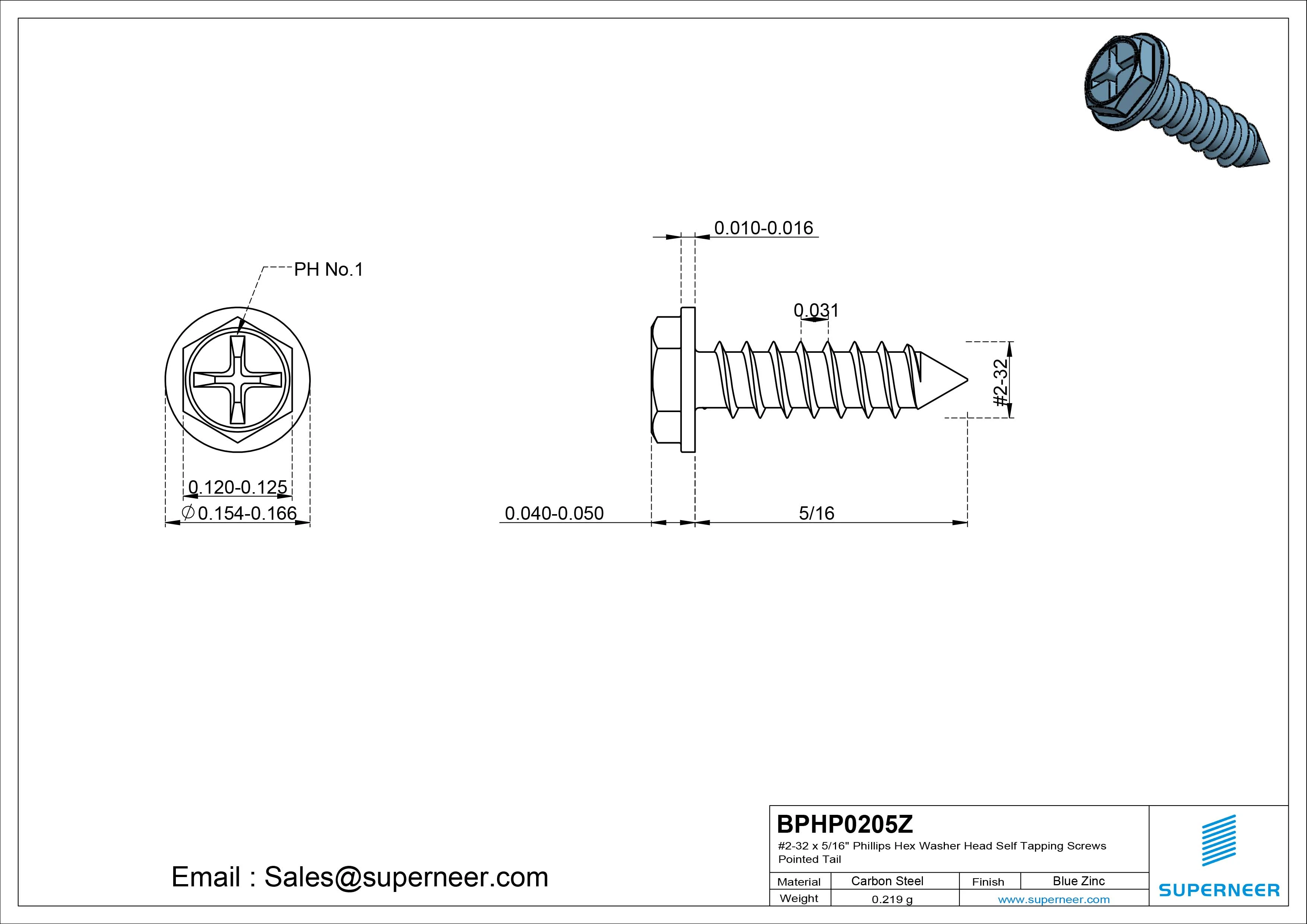 #2-32 x 5/16" Phillips Hex Washer Head Self Tapping Screws Pointed Tail SUS304 Stainless Steel