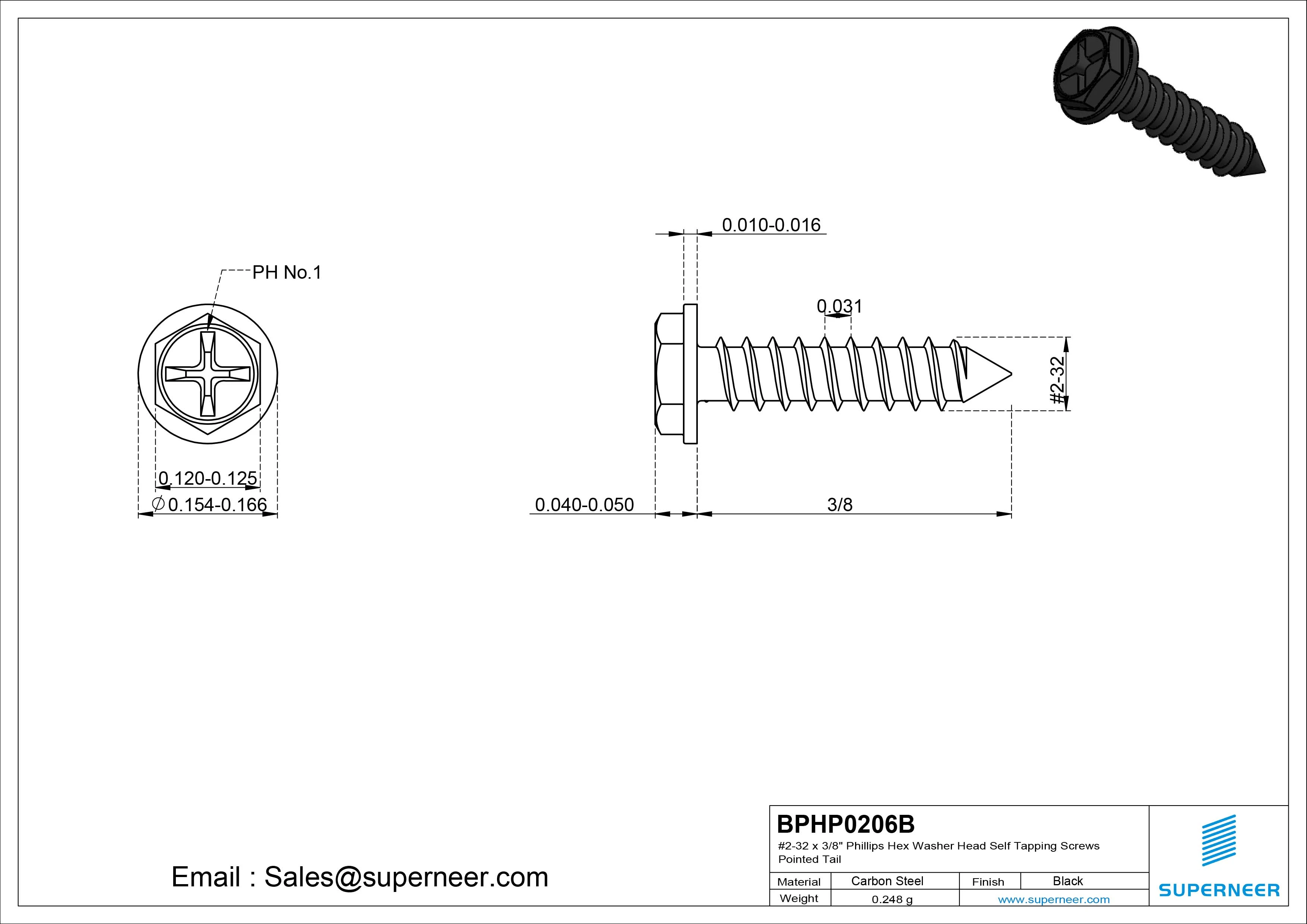 #2-32 x 3/8" Phillips Hex Washer Head Self Tapping Screws Pointed Tail SUS304 Stainless Steel