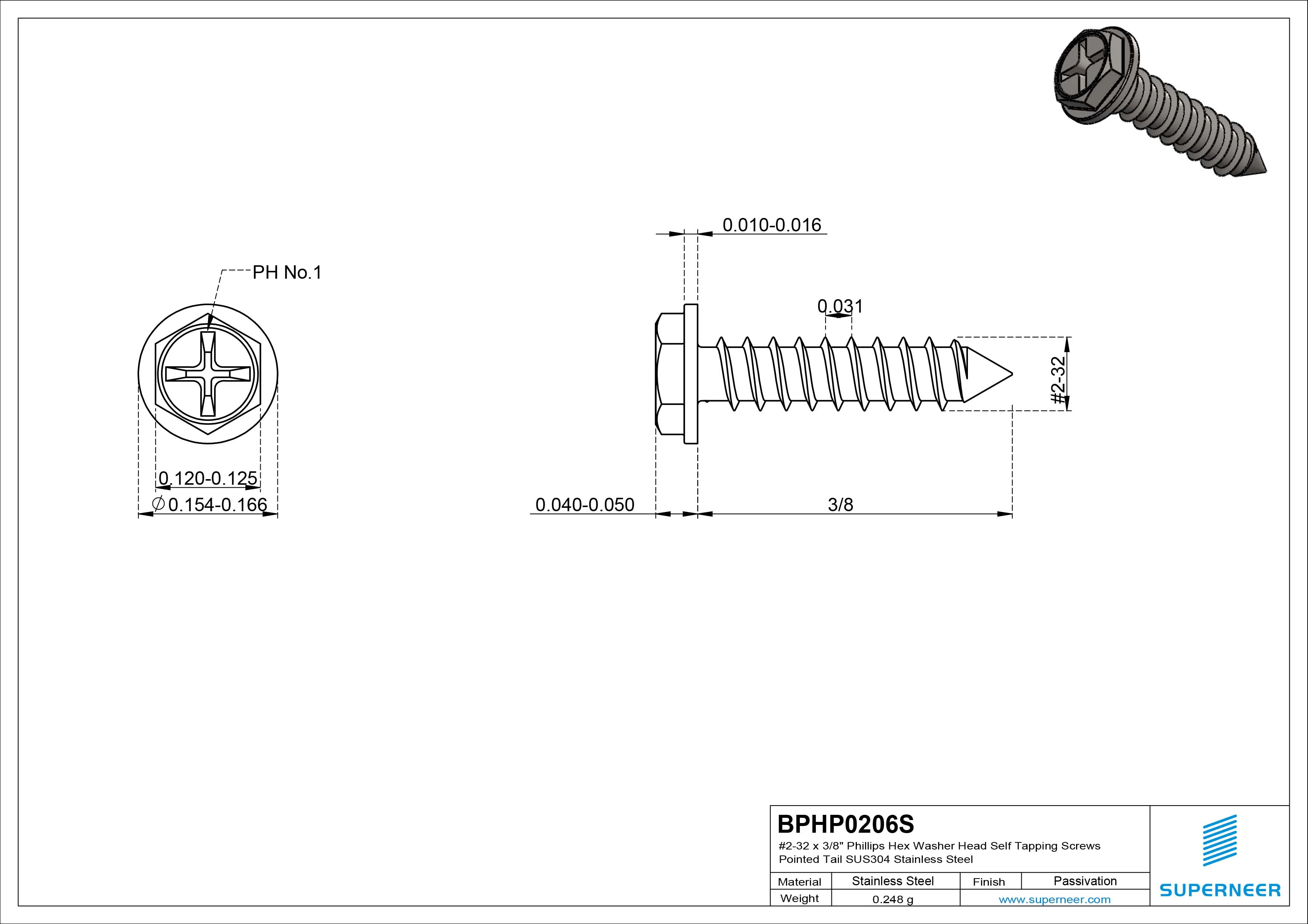 #2-32 x 3/8" Phillips Hex Washer Head Self Tapping Screws Pointed Tail SUS304 Stainless Steel