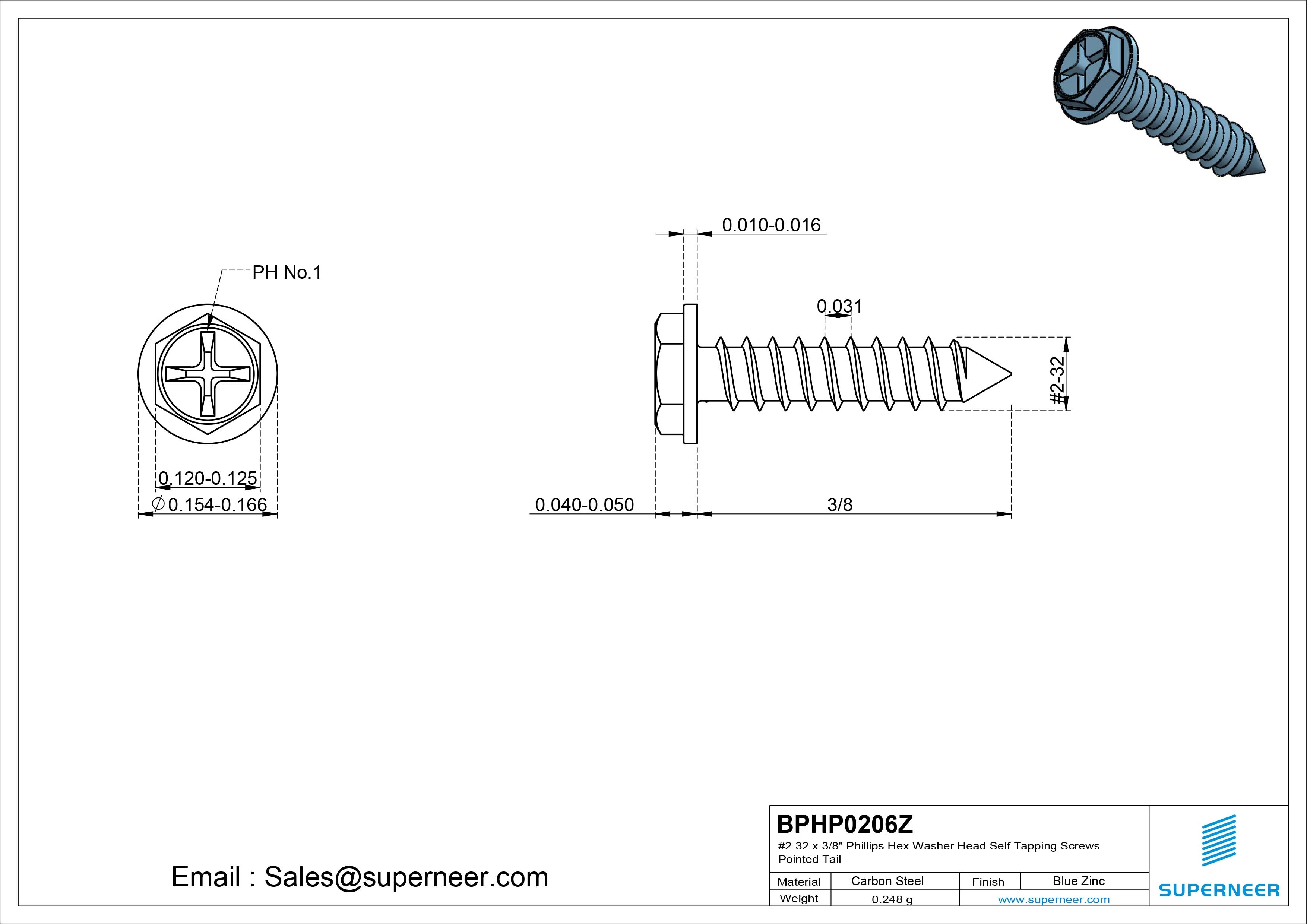 #2-32 x 3/8" Phillips Hex Washer Head Self Tapping Screws Pointed Tail SUS304 Stainless Steel