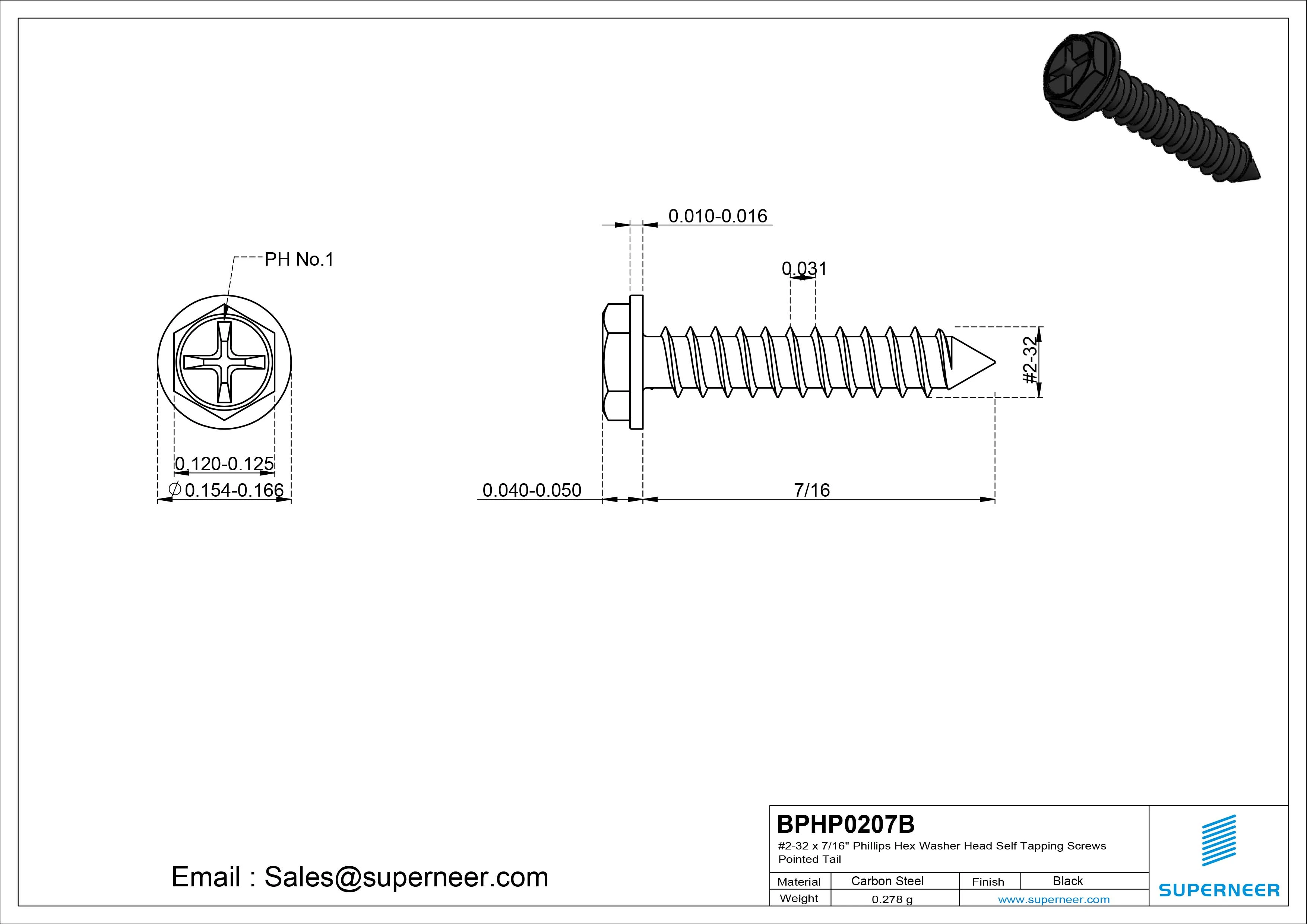 #2-32 x 7/16&ldquo; Phillips Hex Washer Head Self Tapping Screws Pointed Tail SUS304 Stainless Steel