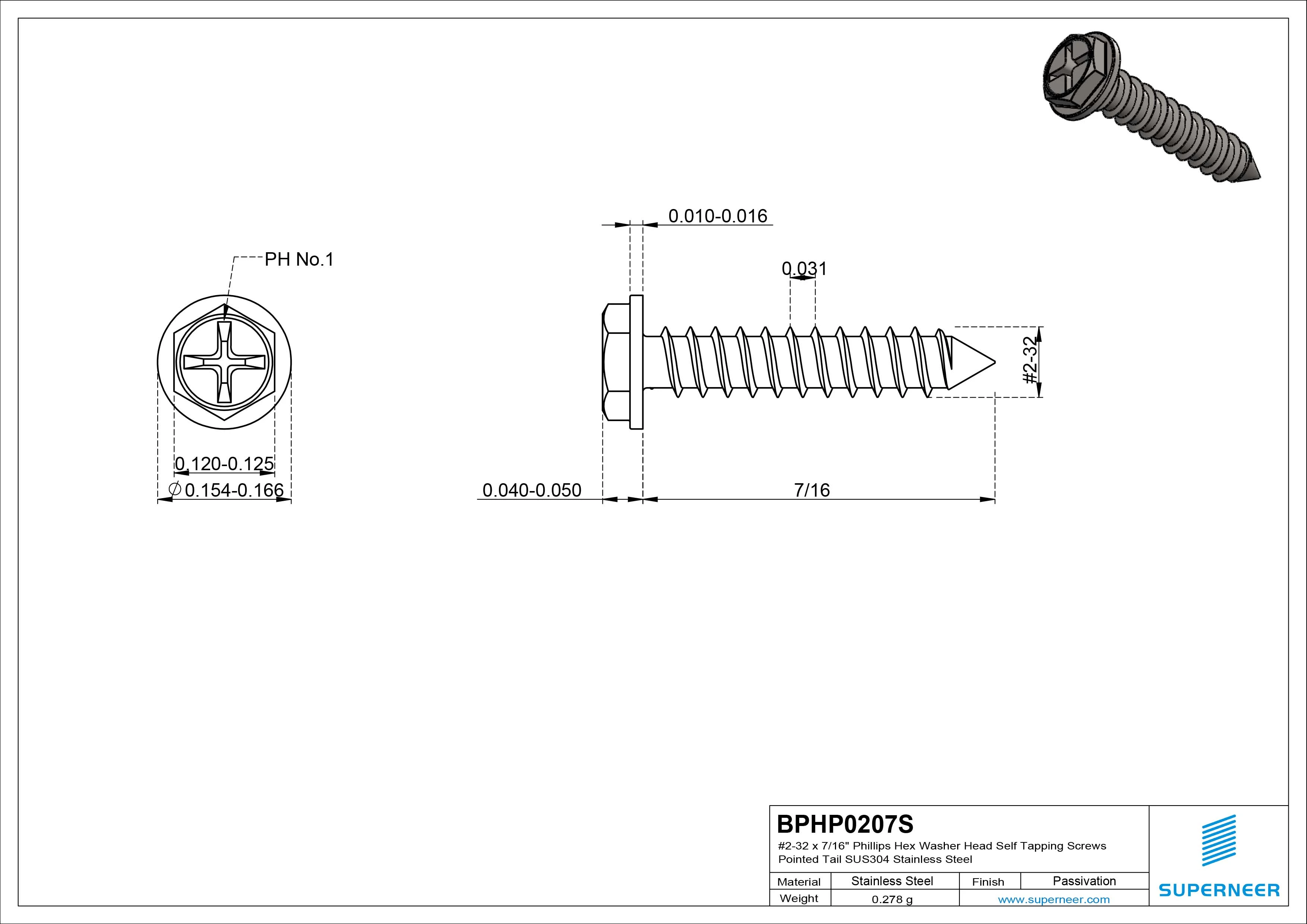 #2-32 x 7/16&ldquo; Phillips Hex Washer Head Self Tapping Screws Pointed Tail SUS304 Stainless Steel