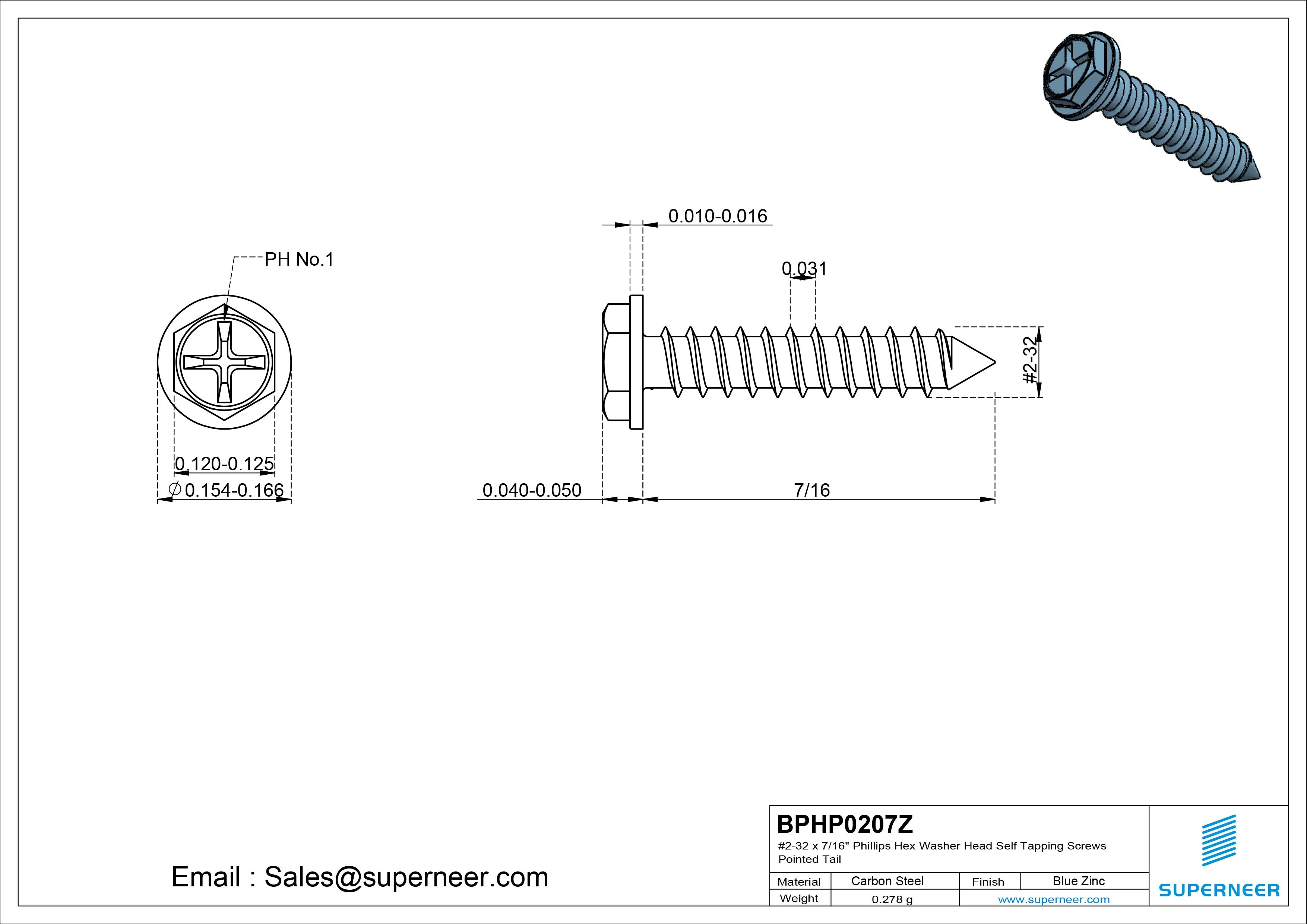 #2-32 x 7/16&ldquo; Phillips Hex Washer Head Self Tapping Screws Pointed Tail SUS304 Stainless Steel
