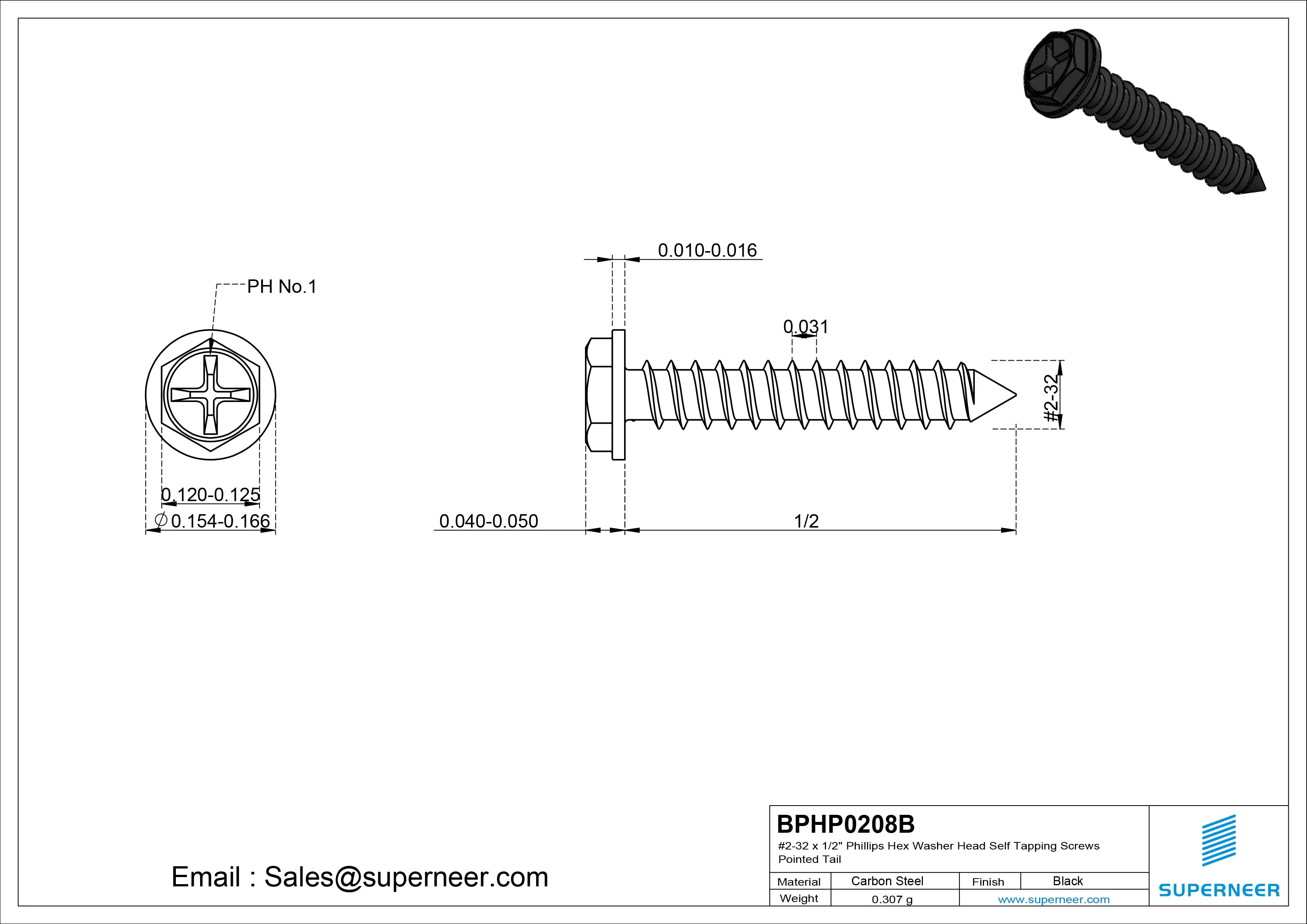 #2-32 x 1/2" Phillips Hex Washer Head Self Tapping Screws Pointed Tail SUS304 Stainless Steel