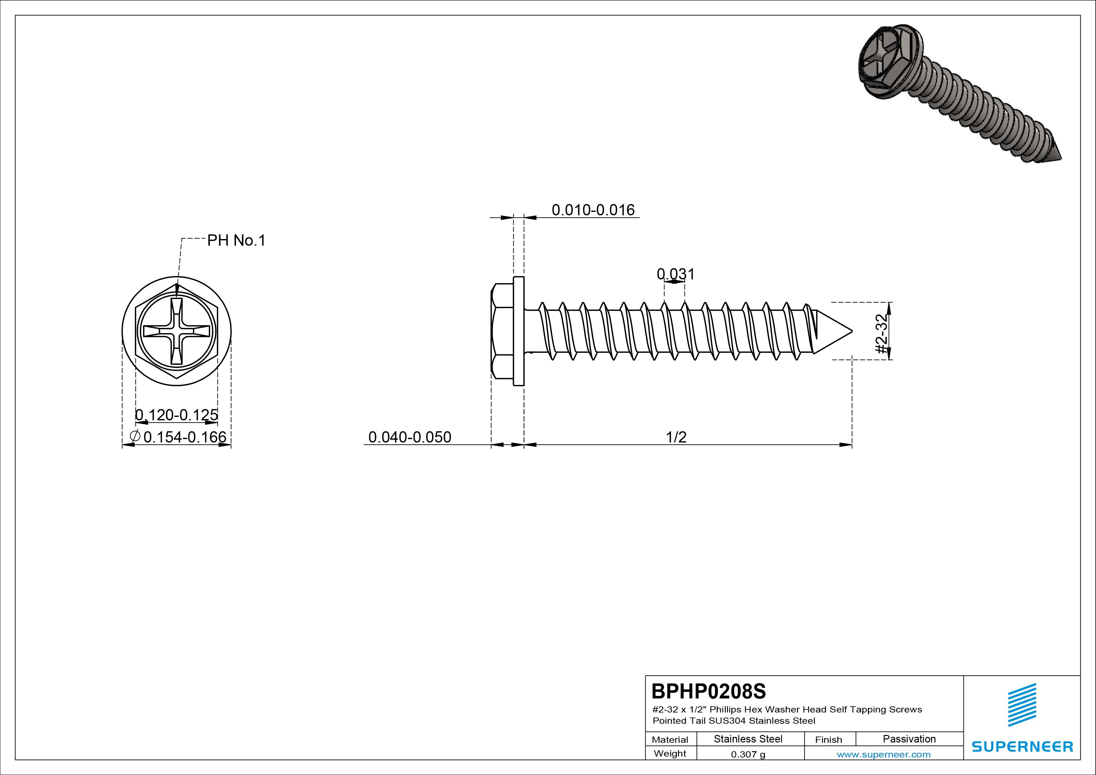 #2-32 x 1/2" Phillips Hex Washer Head Self Tapping Screws Pointed Tail SUS304 Stainless Steel