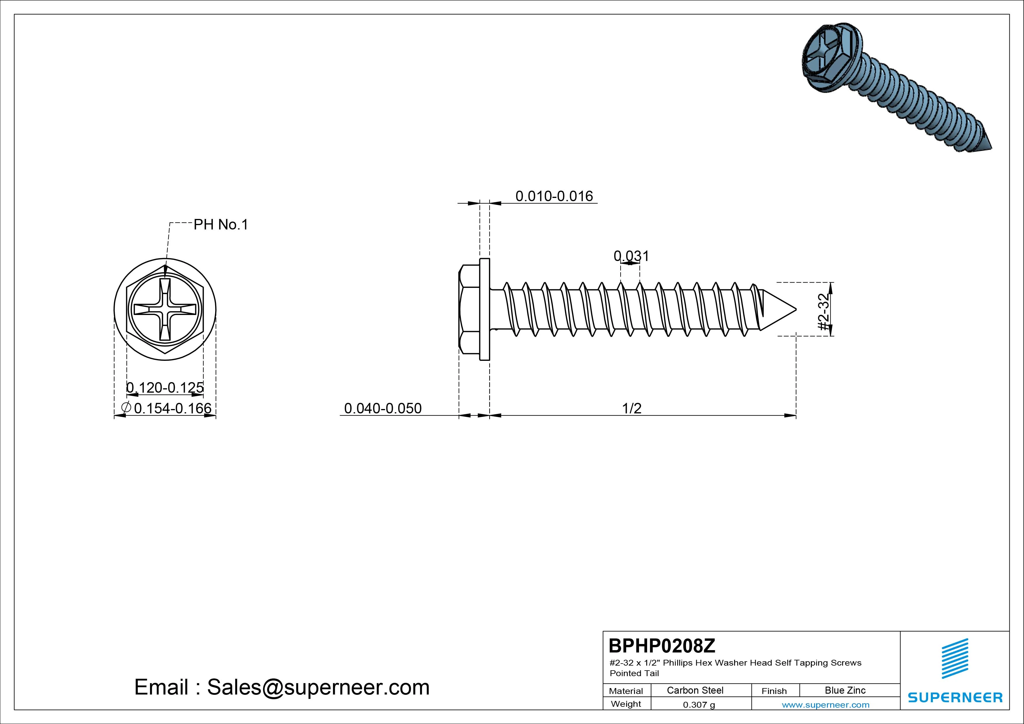 #2-32 x 1/2" Phillips Hex Washer Head Self Tapping Screws Pointed Tail SUS304 Stainless Steel