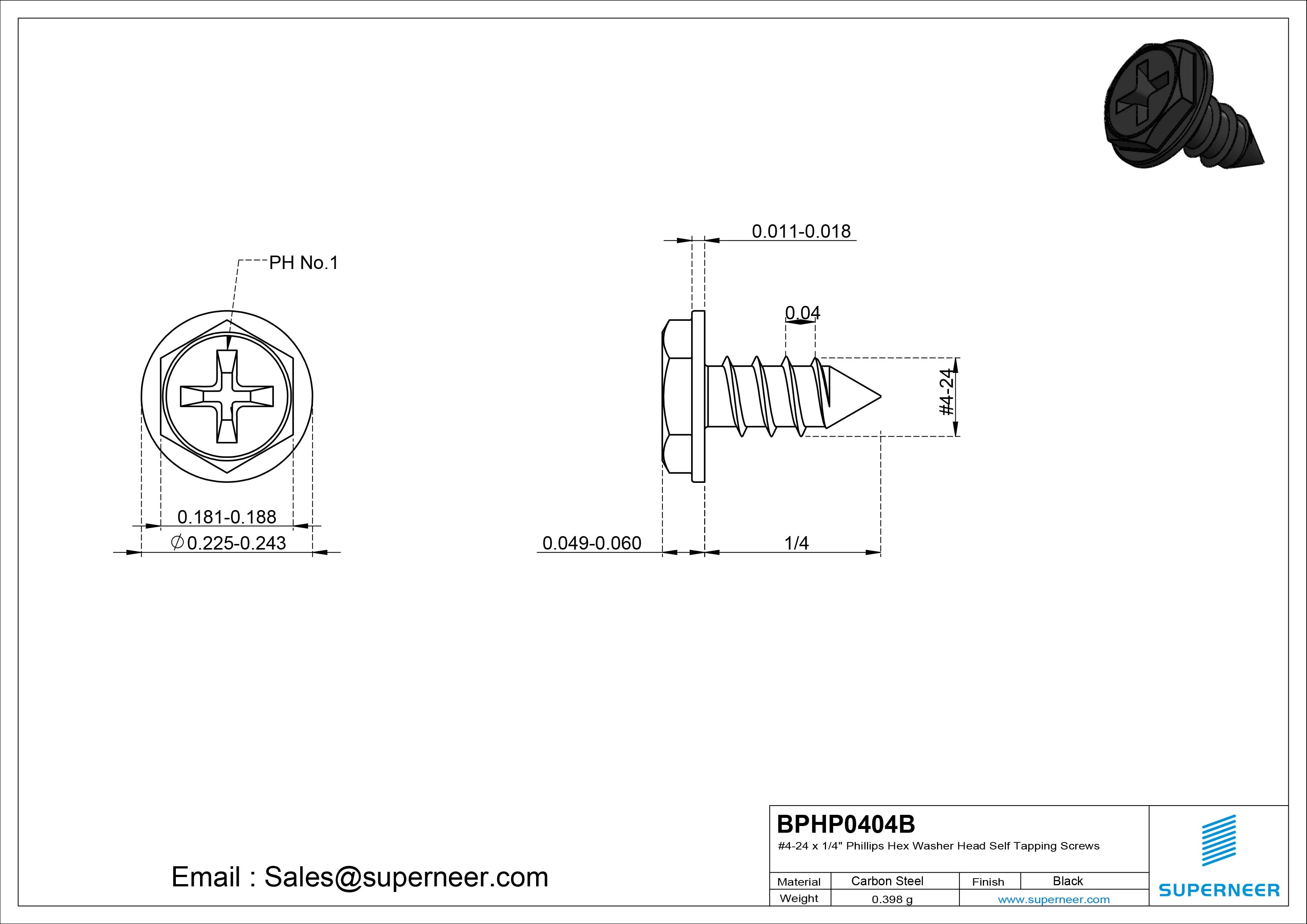 #4-24 x 1/4" Phillips Hex Washer Head Self Tapping Screws Pointed Tail SUS304 Stainless Steel