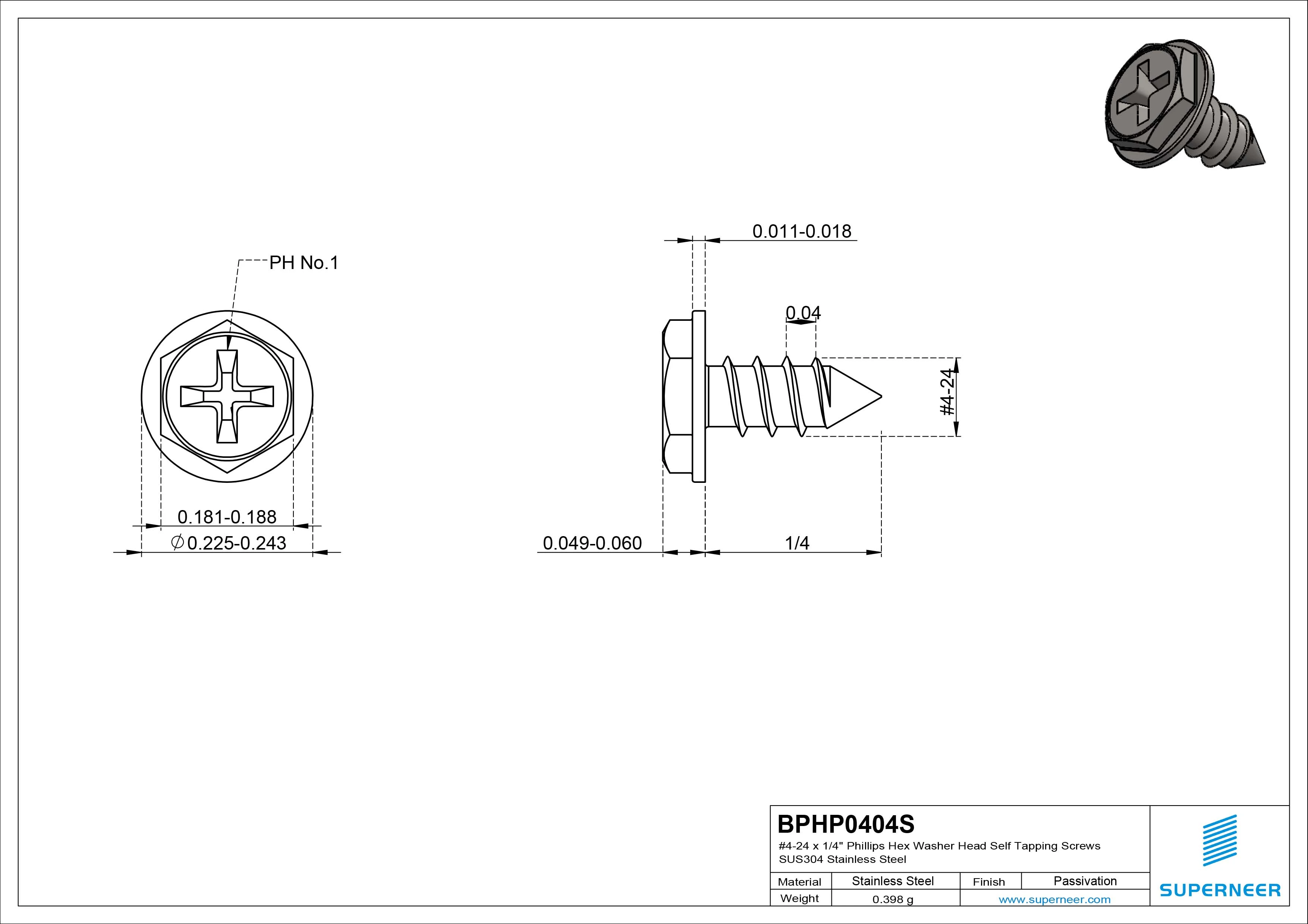#4-24 x 1/4" Phillips Hex Washer Head Self Tapping Screws Pointed Tail SUS304 Stainless Steel