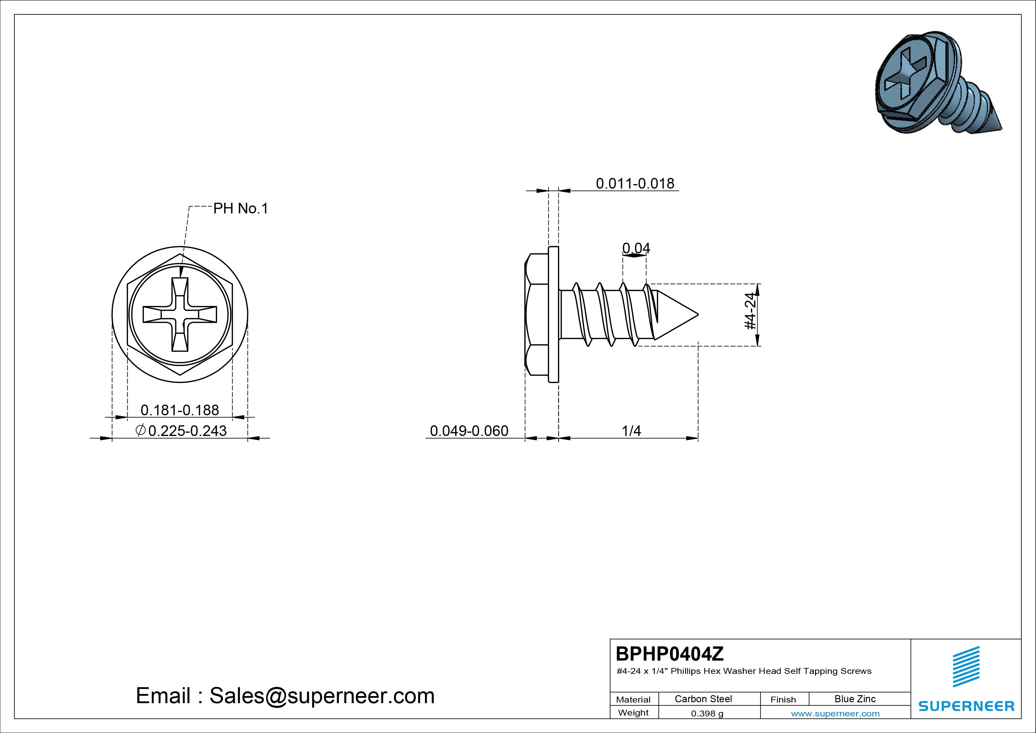 #4-24 x 1/4" Phillips Hex Washer Head Self Tapping Screws Pointed Tail SUS304 Stainless Steel