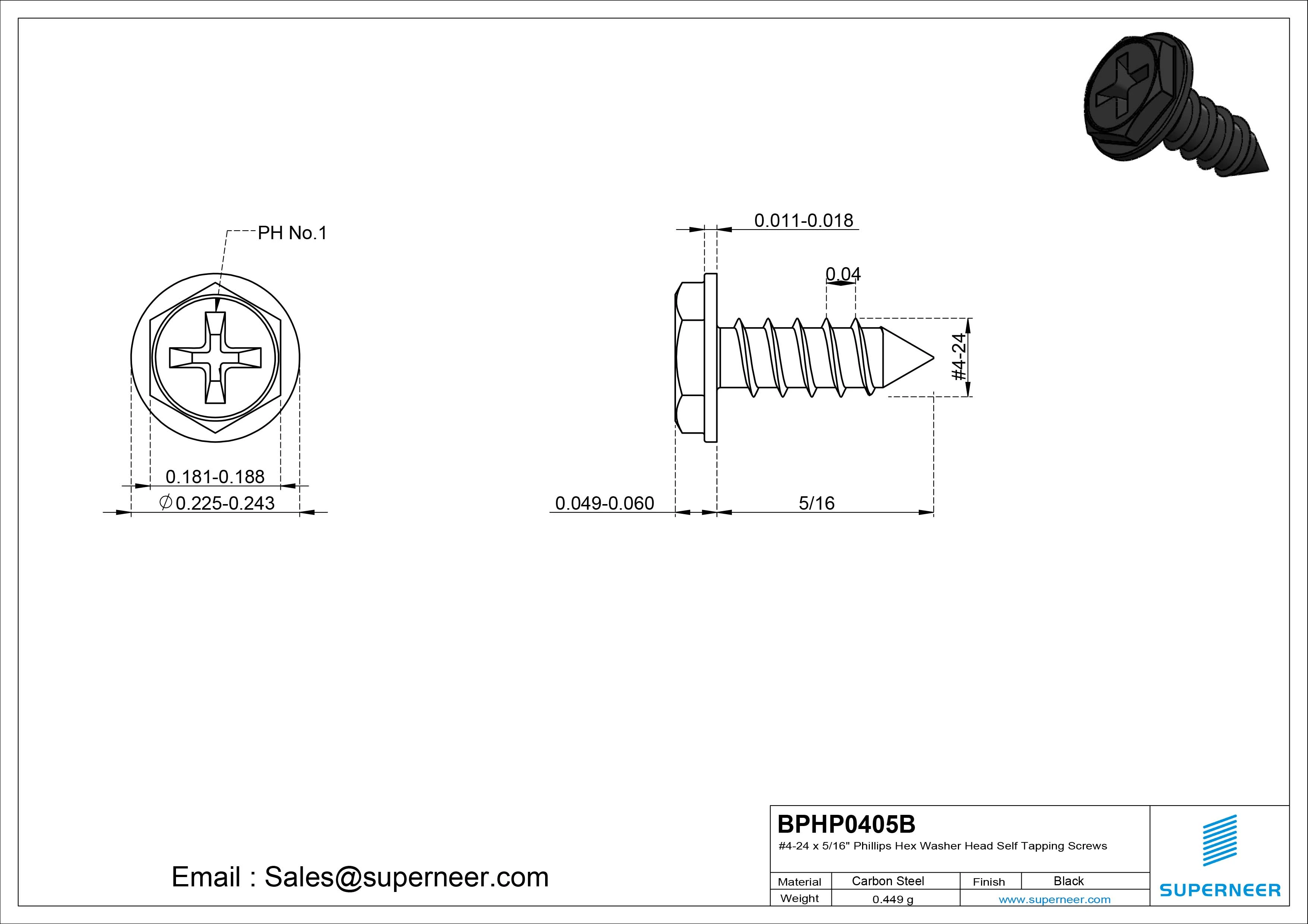 #4-24 x 5/16" Phillips Hex Washer Head Self Tapping Screws Pointed Tail SUS304 Stainless Steel