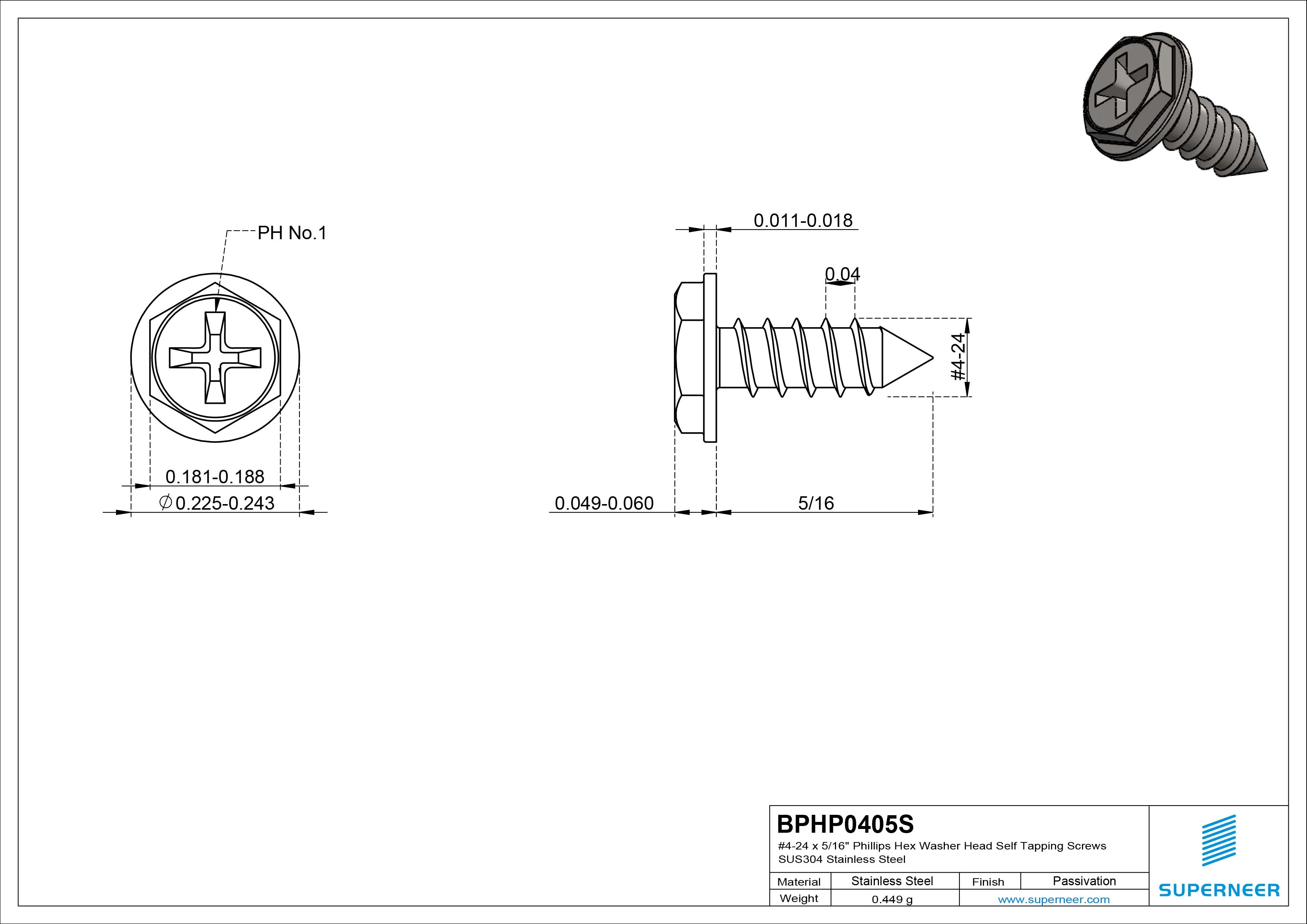 #4-24 x 5/16" Phillips Hex Washer Head Self Tapping Screws Pointed Tail SUS304 Stainless Steel