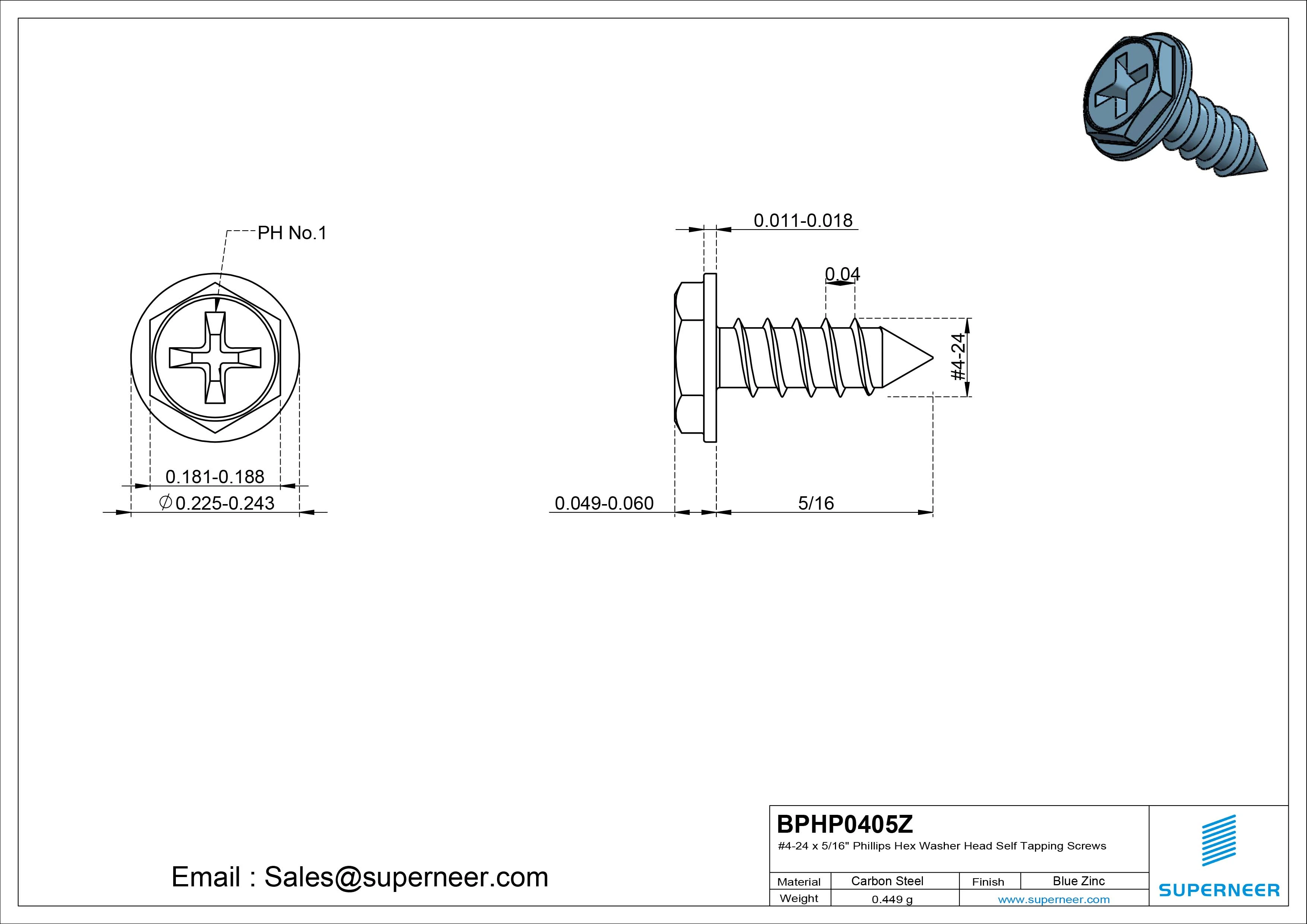 #4-24 x 5/16" Phillips Hex Washer Head Self Tapping Screws Pointed Tail SUS304 Stainless Steel