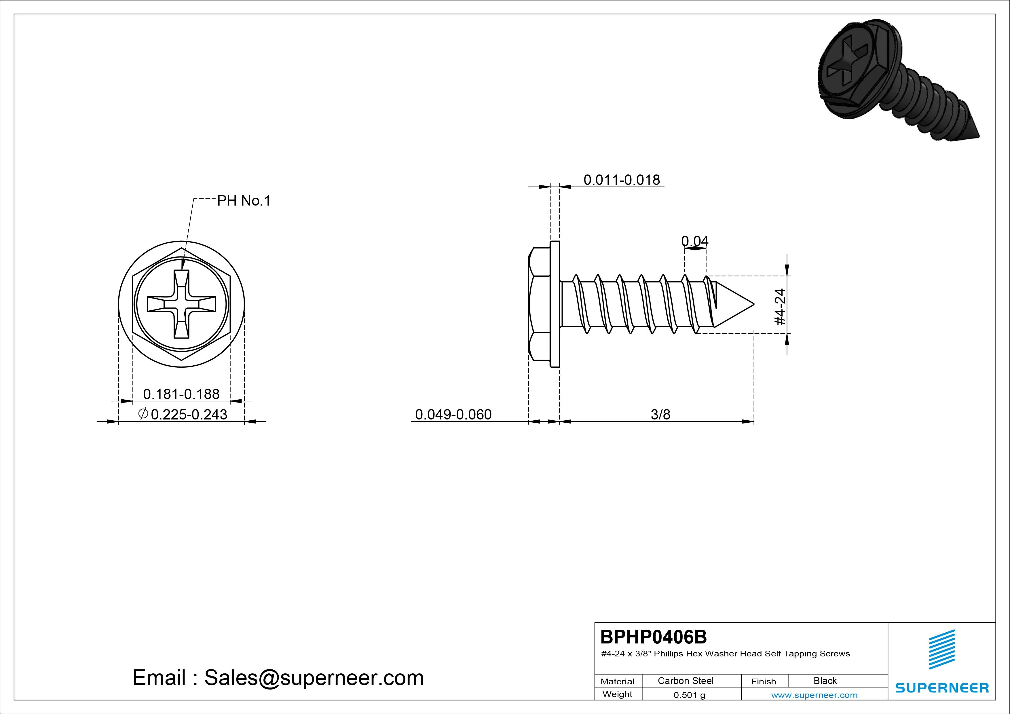 #4-24 x 3/8" Phillips Hex Washer Head Self Tapping Screws Pointed Tail SUS304 Stainless Steel