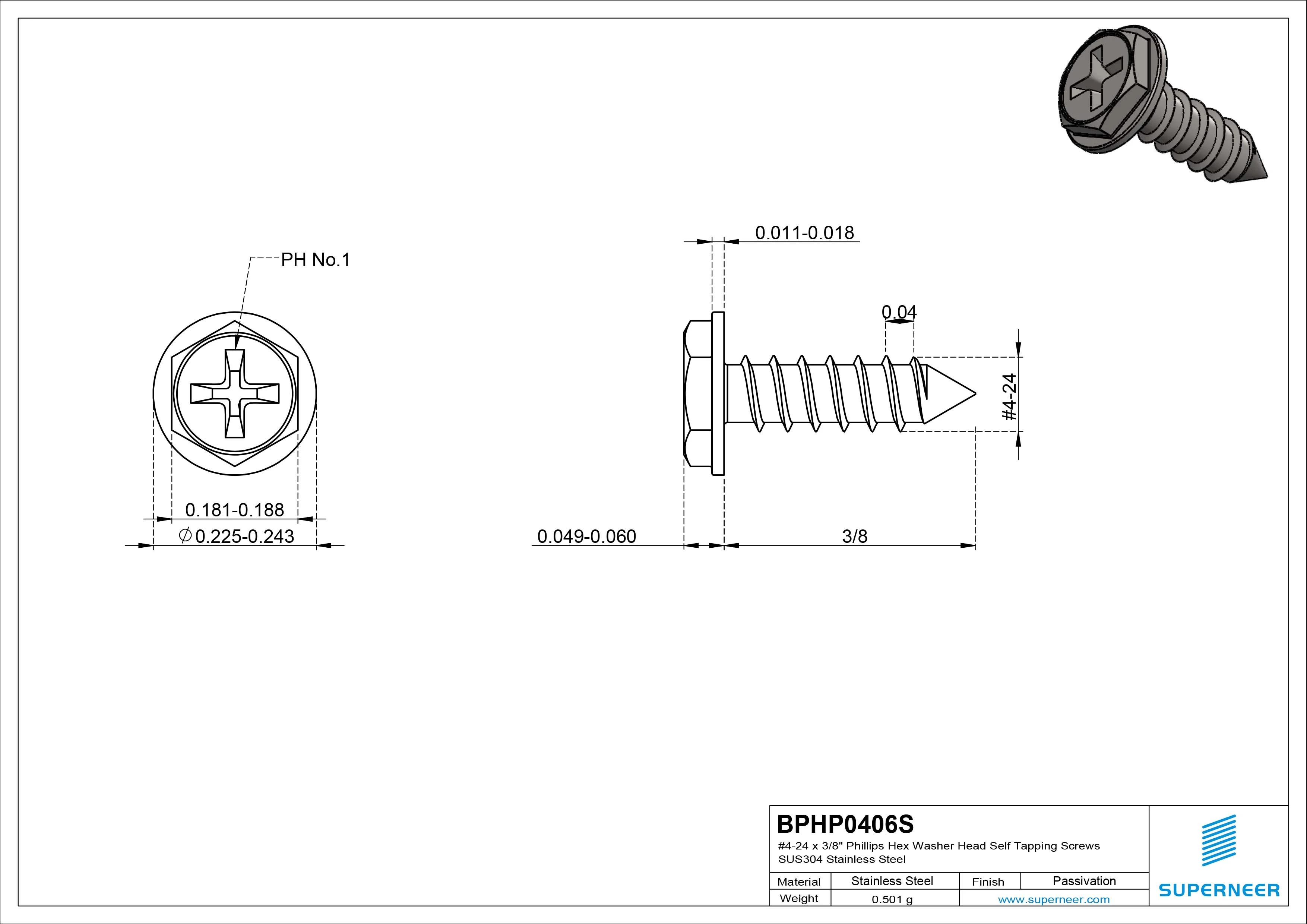 #4-24 x 3/8" Phillips Hex Washer Head Self Tapping Screws Pointed Tail SUS304 Stainless Steel