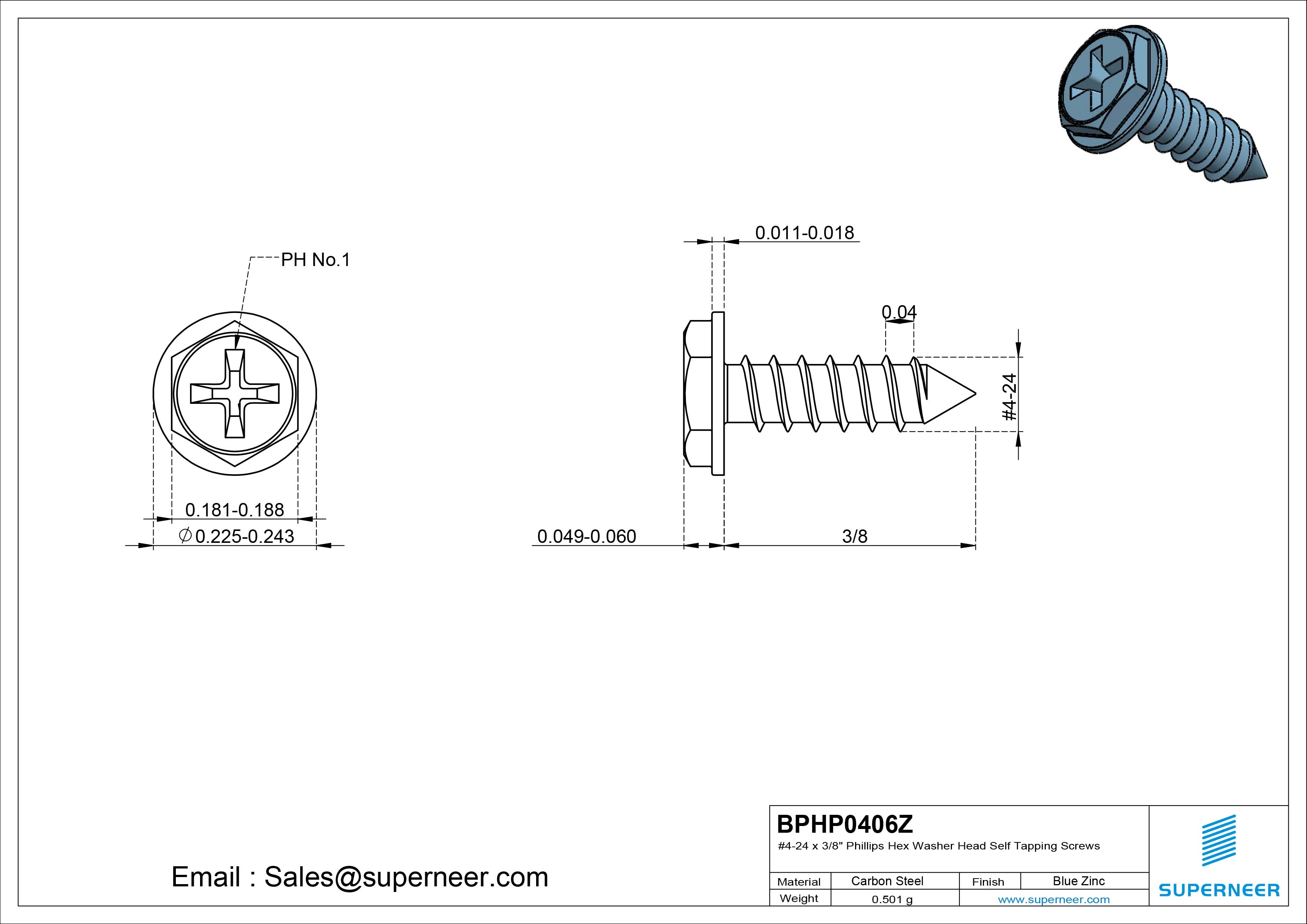 #4-24 x 3/8" Phillips Hex Washer Head Self Tapping Screws Pointed Tail SUS304 Stainless Steel