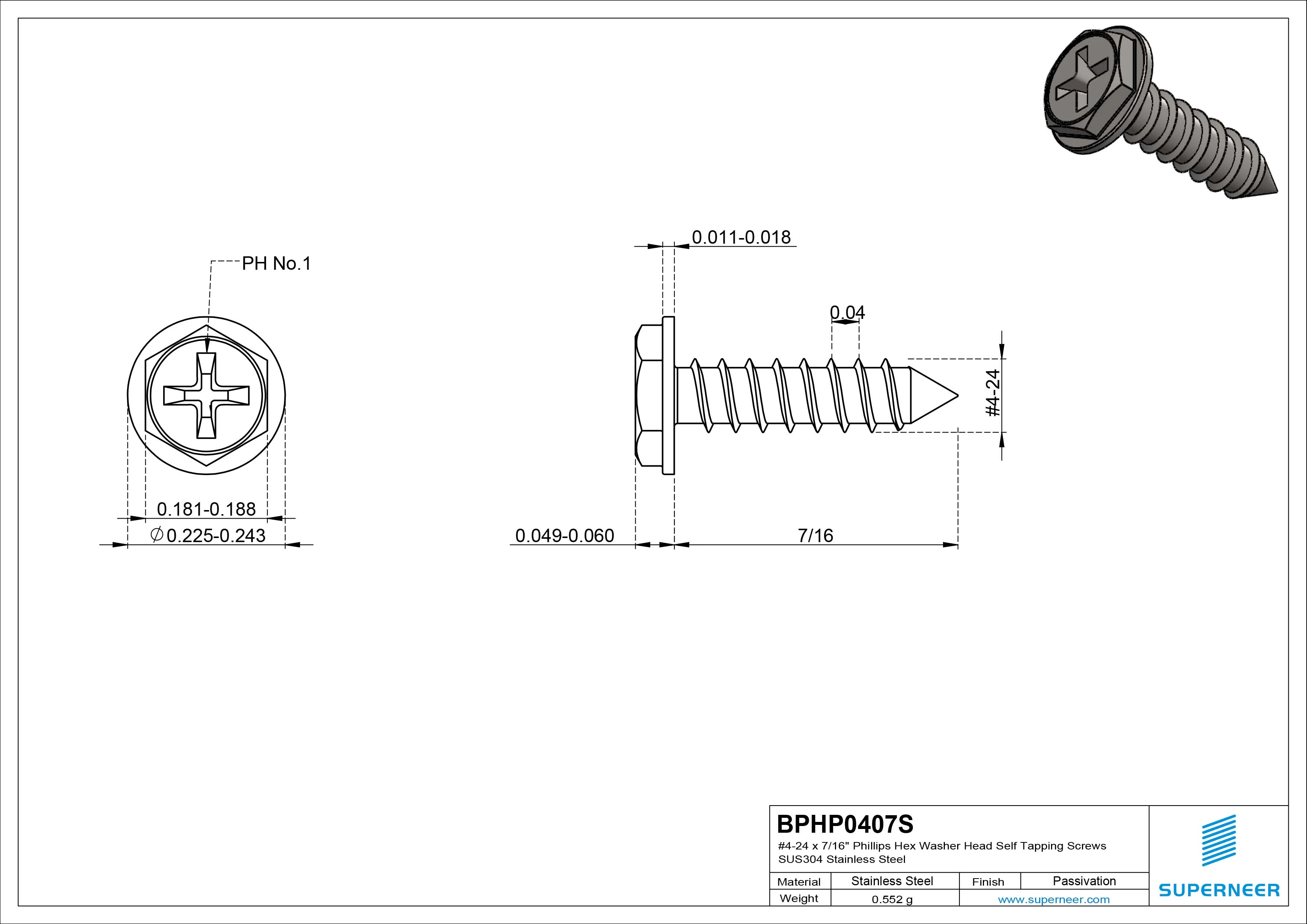 #4-24 x 7/16&ldquo; Phillips Hex Washer Head Self Tapping Screws Pointed Tail SUS304 Stainless Steel