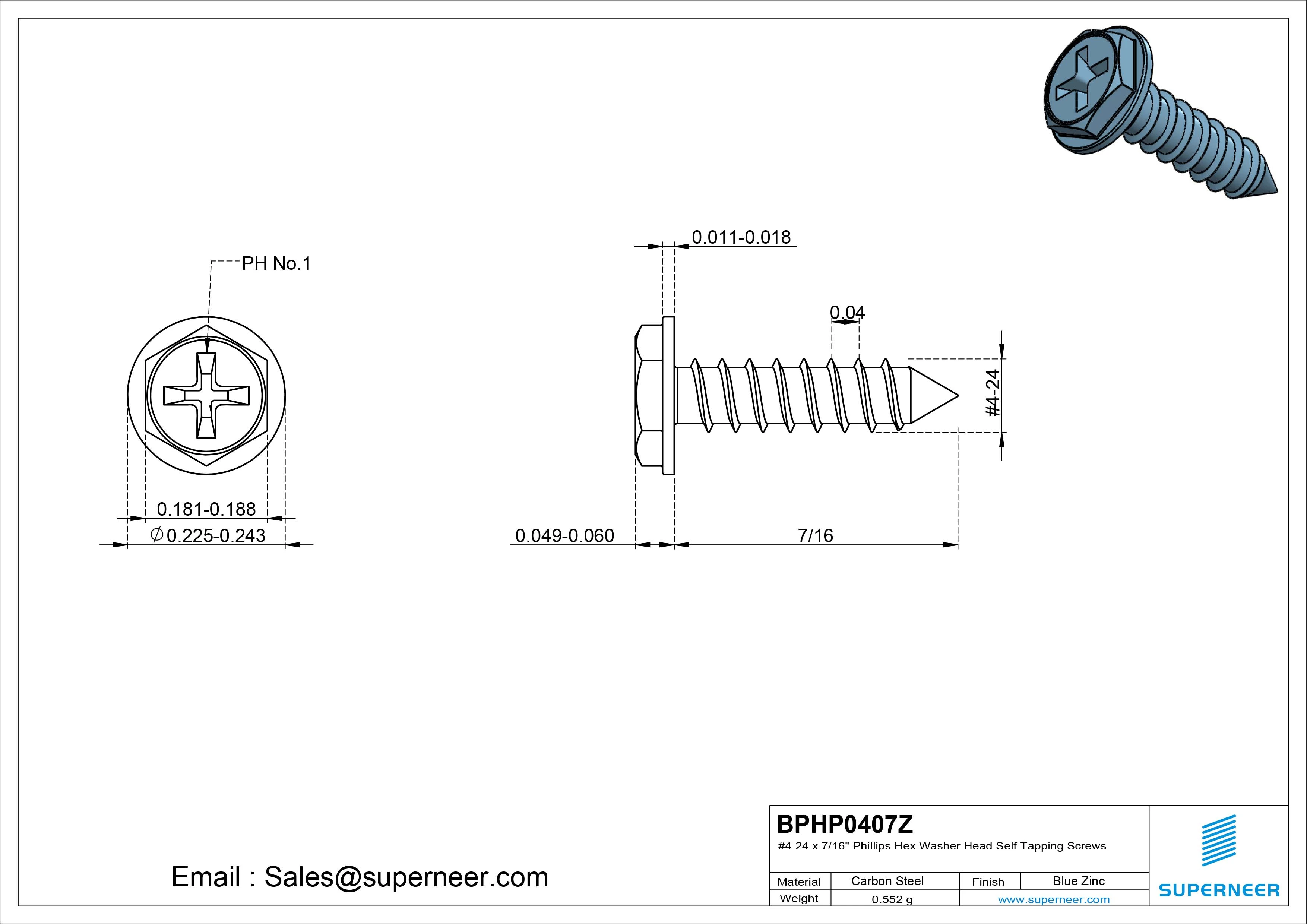 #4-24 x 7/16&ldquo; Phillips Hex Washer Head Self Tapping Screws Pointed Tail SUS304 Stainless Steel