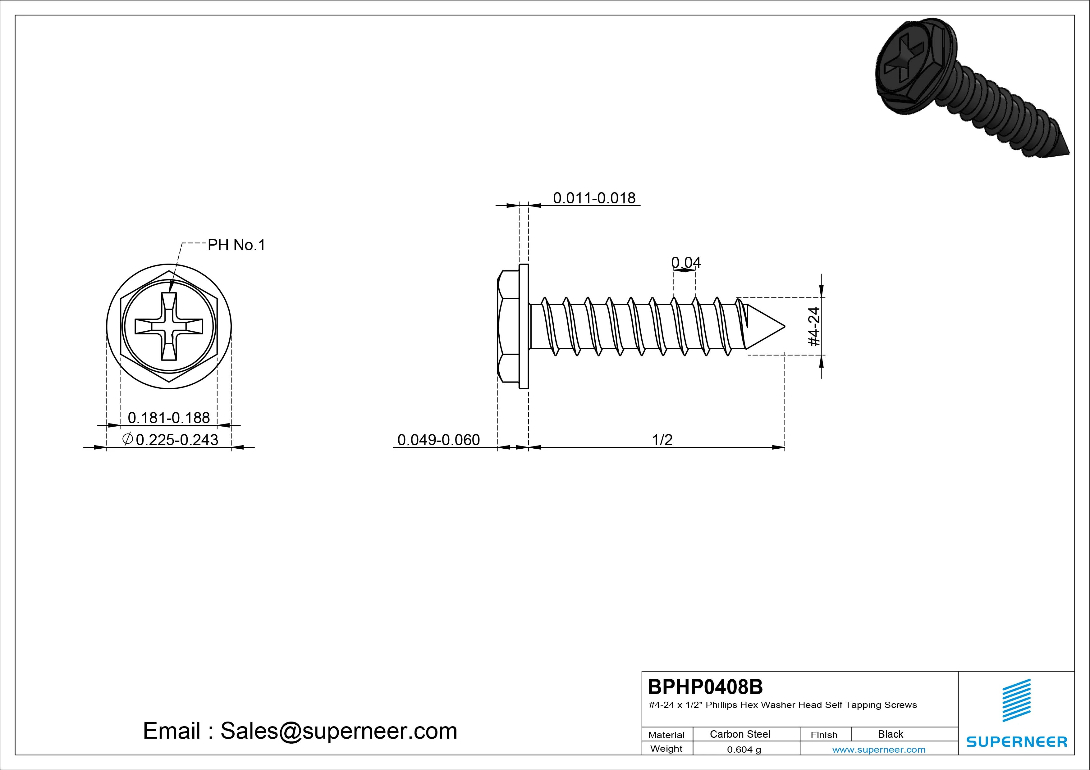 #4-24 x 1/2" Phillips Hex Washer Head Self Tapping Screws Pointed Tail SUS304 Stainless Steel