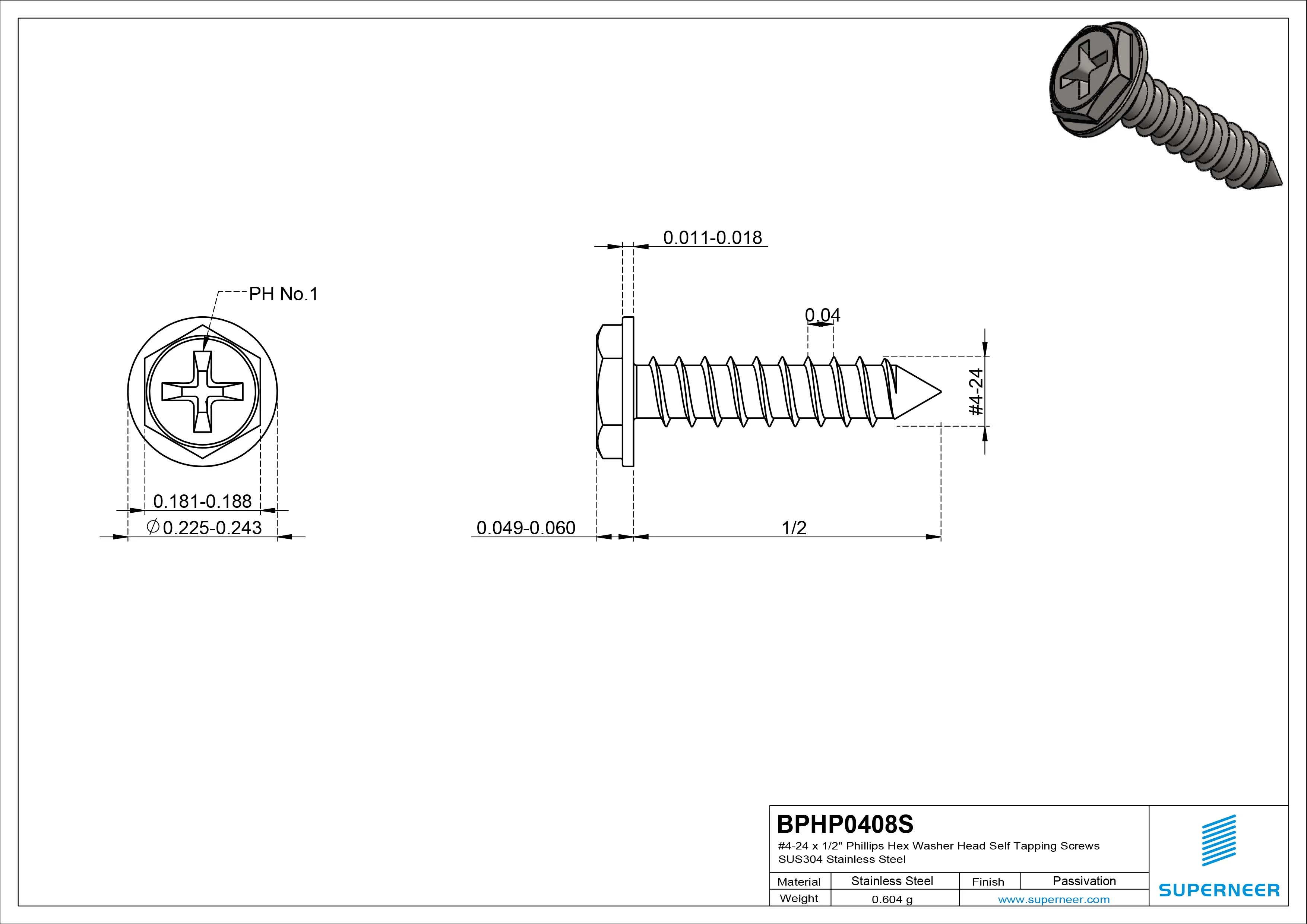 #4-24 x 1/2" Phillips Hex Washer Head Self Tapping Screws Pointed Tail SUS304 Stainless Steel