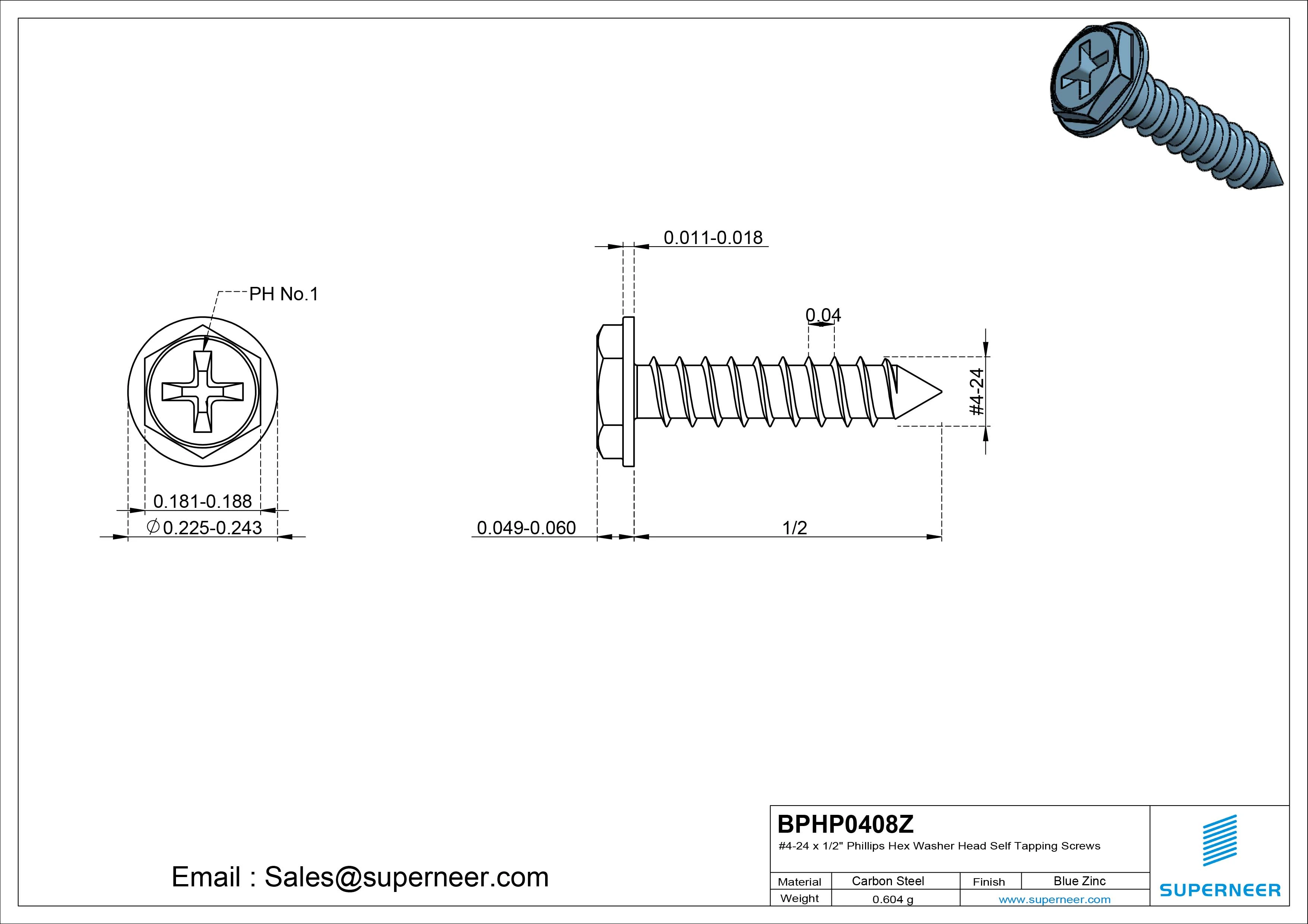 #4-24 x 1/2" Phillips Hex Washer Head Self Tapping Screws Pointed Tail SUS304 Stainless Steel