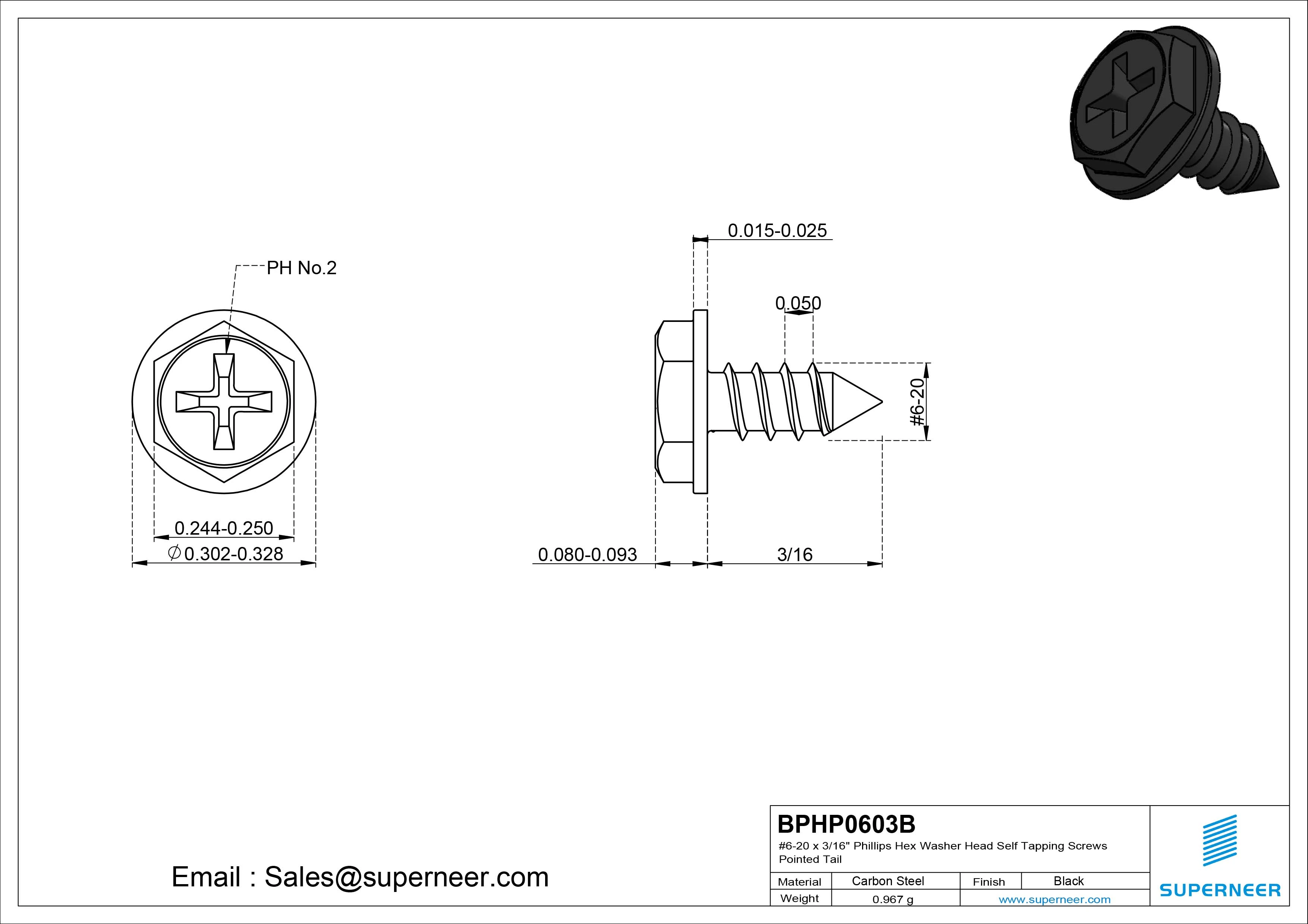 #6-20 x 3/16" Phillips Hex Washer Head Self Tapping Screws Pointed Tail SUS304 Stainless Steel