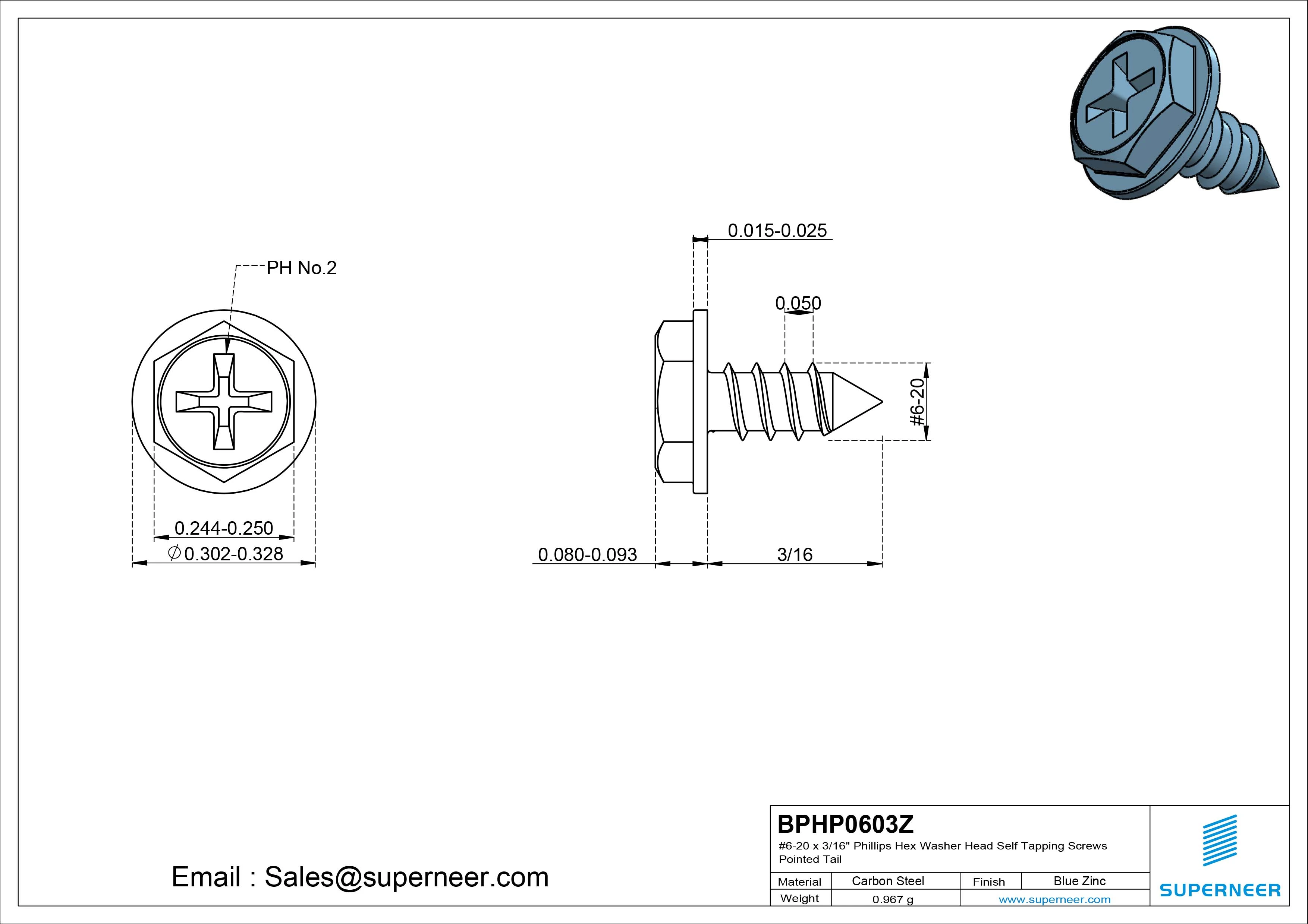 #6-20 x 3/16" Phillips Hex Washer Head Self Tapping Screws Pointed Tail SUS304 Stainless Steel