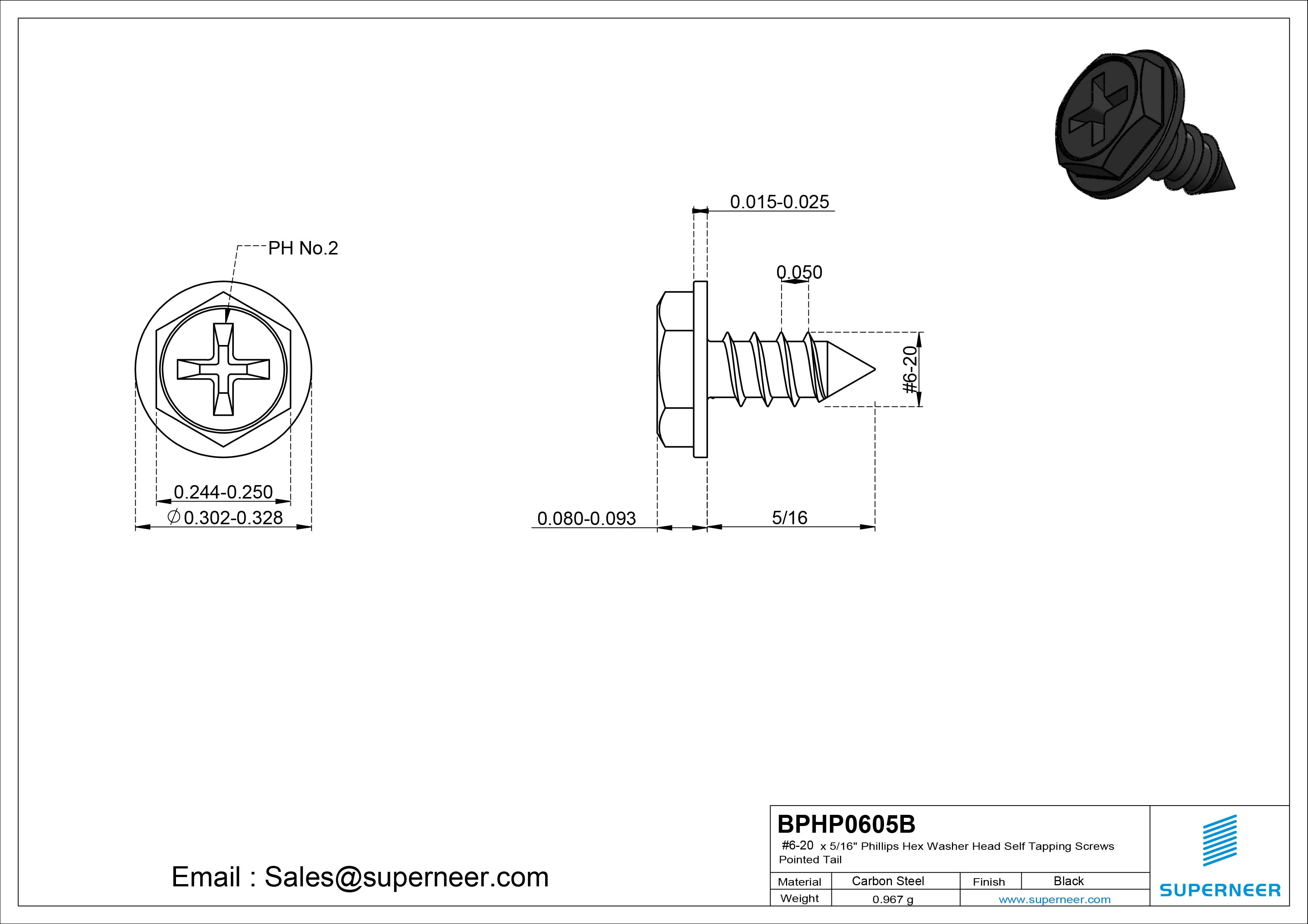 #6-20 x 5/16" Phillips Hex Washer Head Self Tapping Screws Pointed Tail SUS304 Stainless Steel