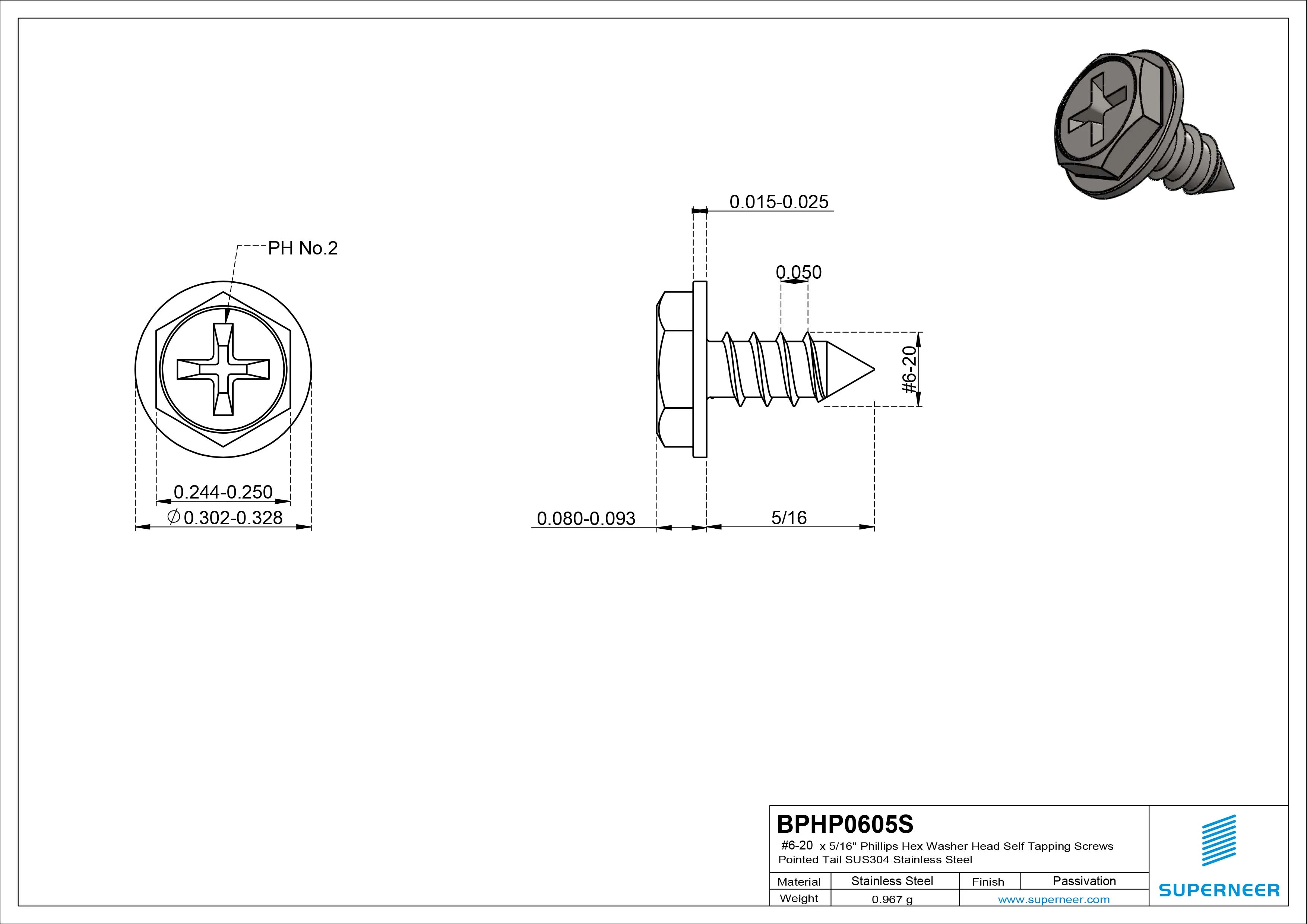 #6-20 x 5/16" Phillips Hex Washer Head Self Tapping Screws Pointed Tail SUS304 Stainless Steel