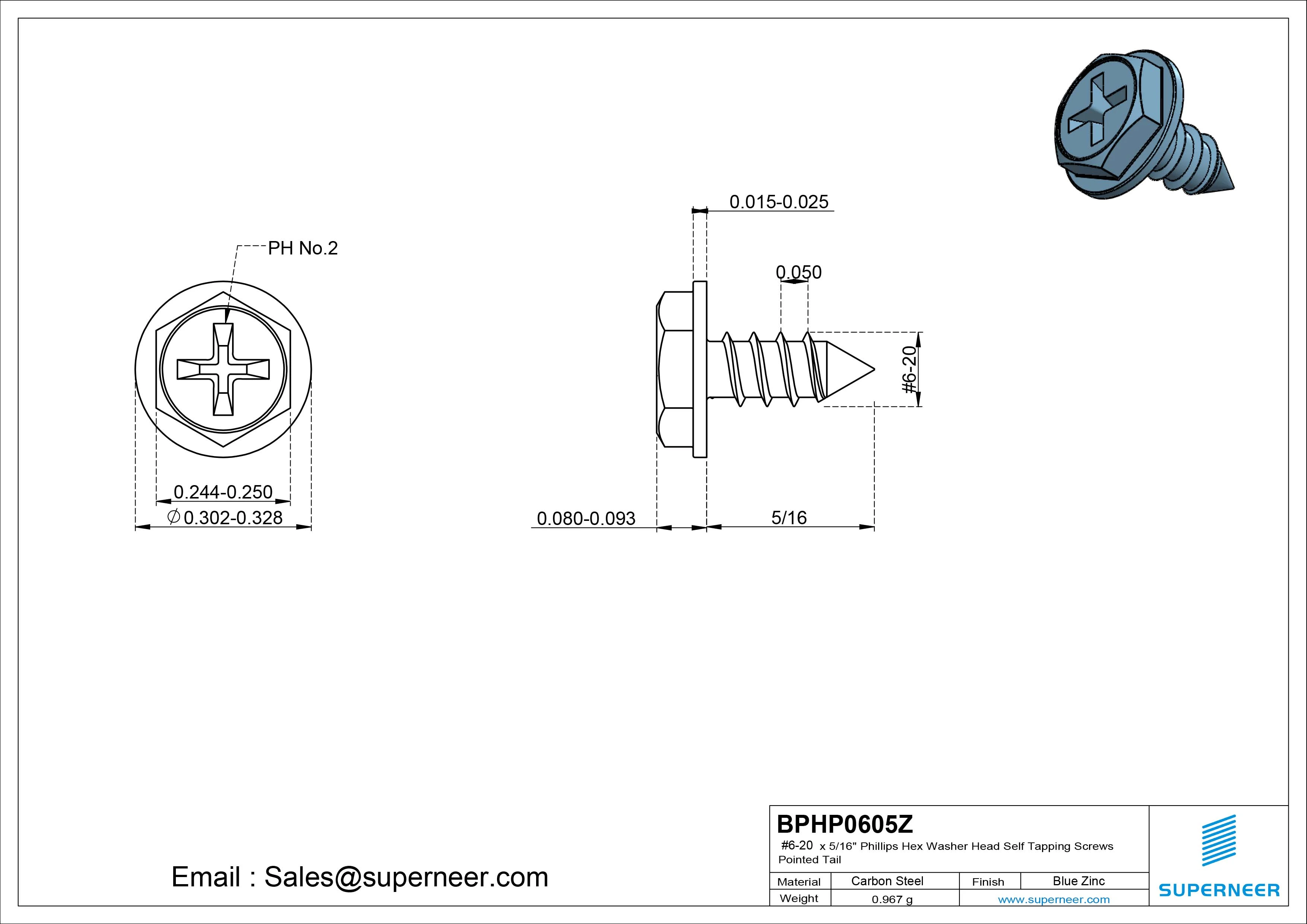 #6-20 x 5/16" Phillips Hex Washer Head Self Tapping Screws Pointed Tail SUS304 Stainless Steel