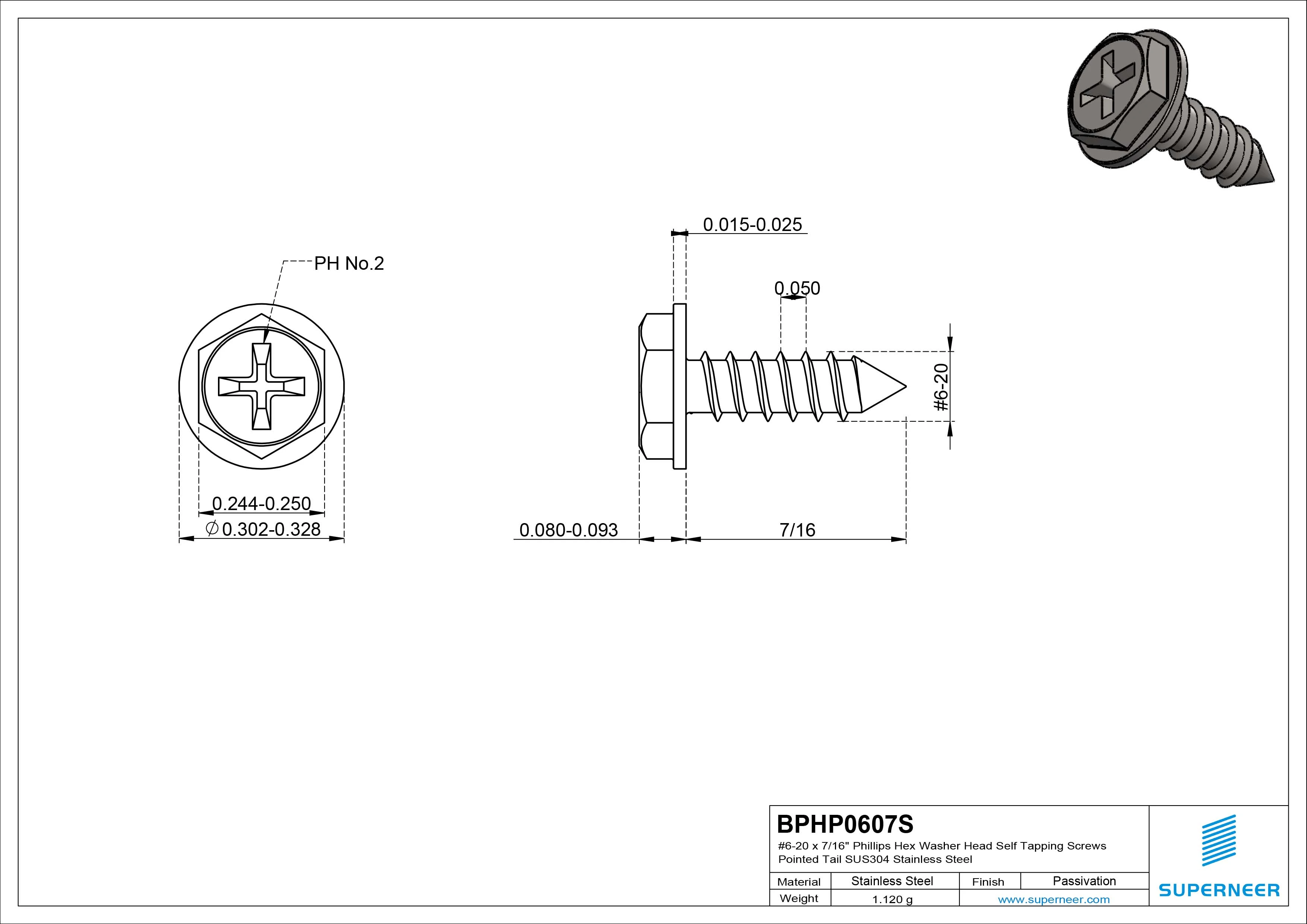 #6-20 x 7/16&ldquo; Phillips Hex Washer Head Self Tapping Screws Pointed Tail SUS304 Stainless Steel