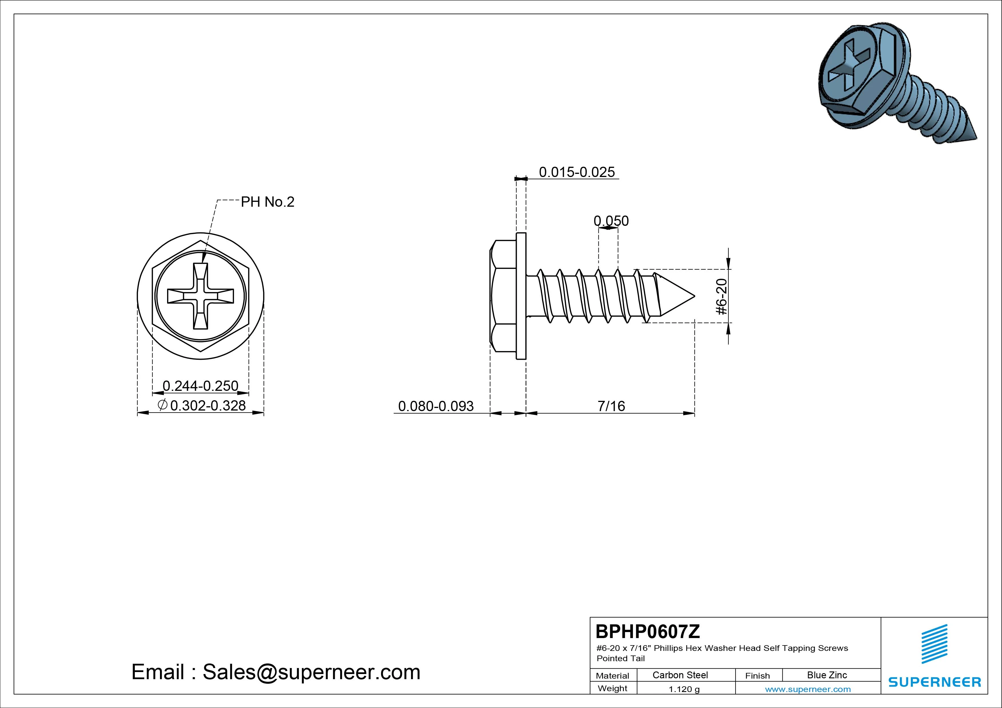 #6-20 x 7/16&ldquo; Phillips Hex Washer Head Self Tapping Screws Pointed Tail SUS304 Stainless Steel