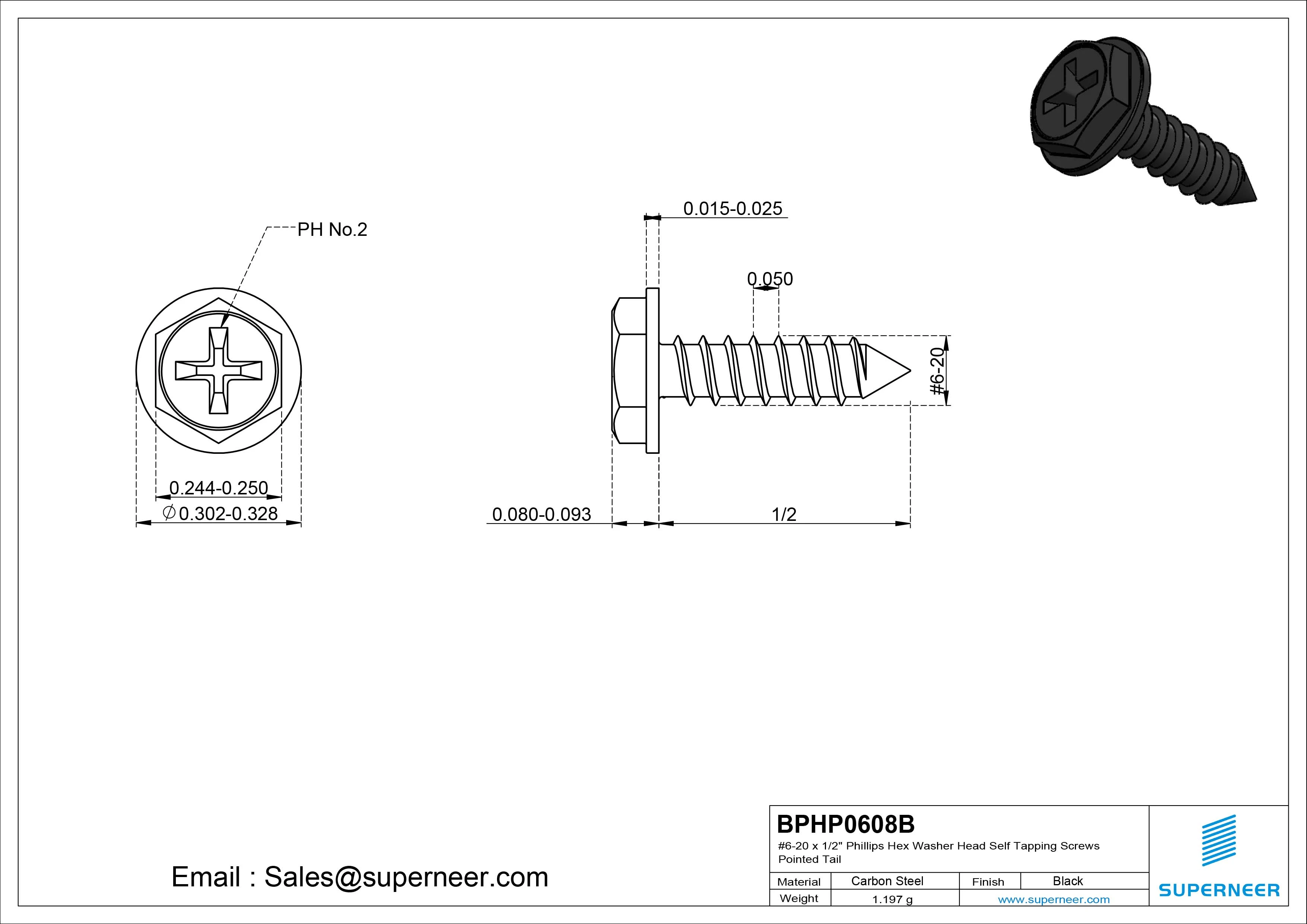 #6-20 x 1/2" Phillips Hex Washer Head Self Tapping Screws Pointed Tail SUS304 Stainless Steel