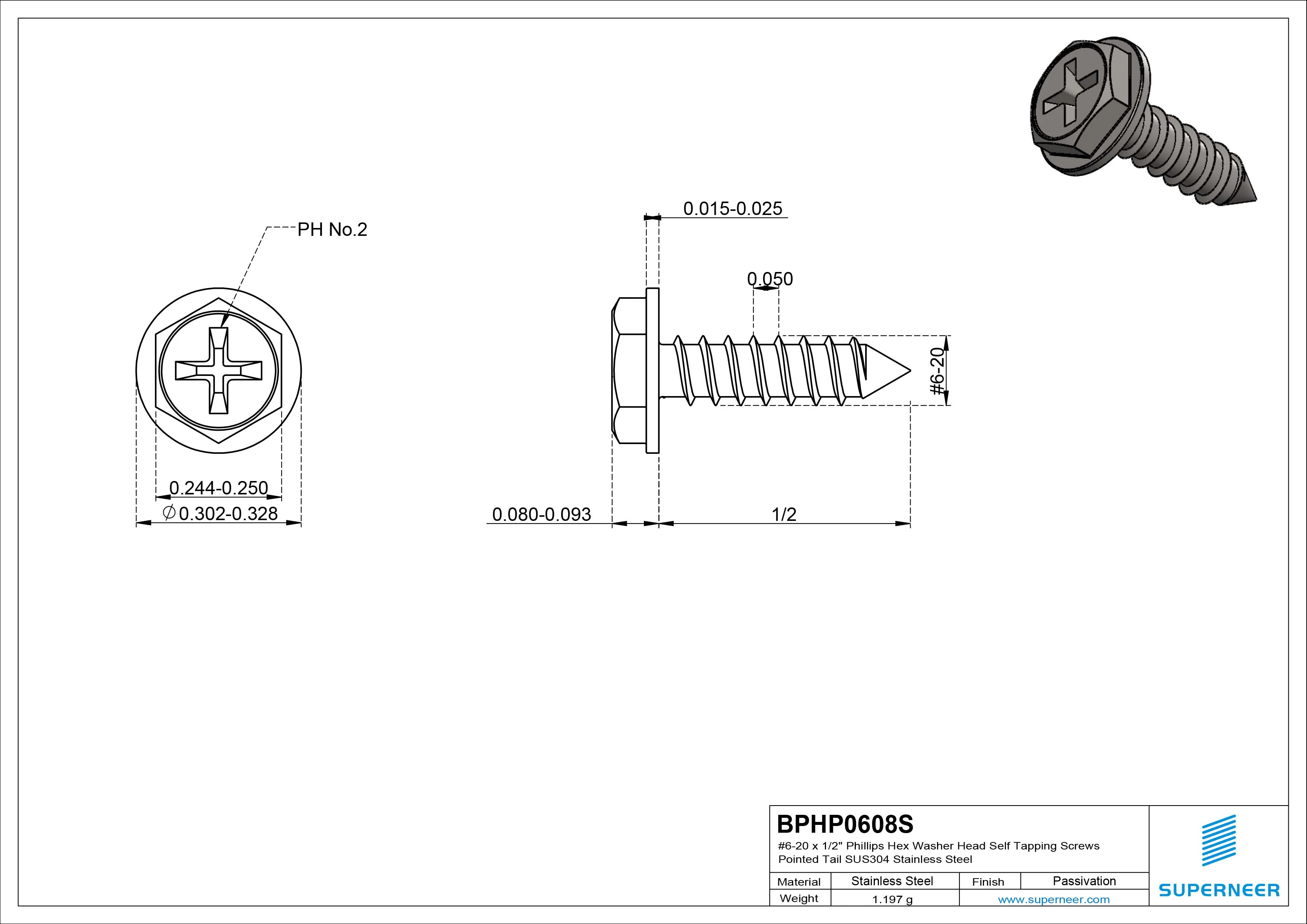 #6-20 x 1/2" Phillips Hex Washer Head Self Tapping Screws Pointed Tail SUS304 Stainless Steel