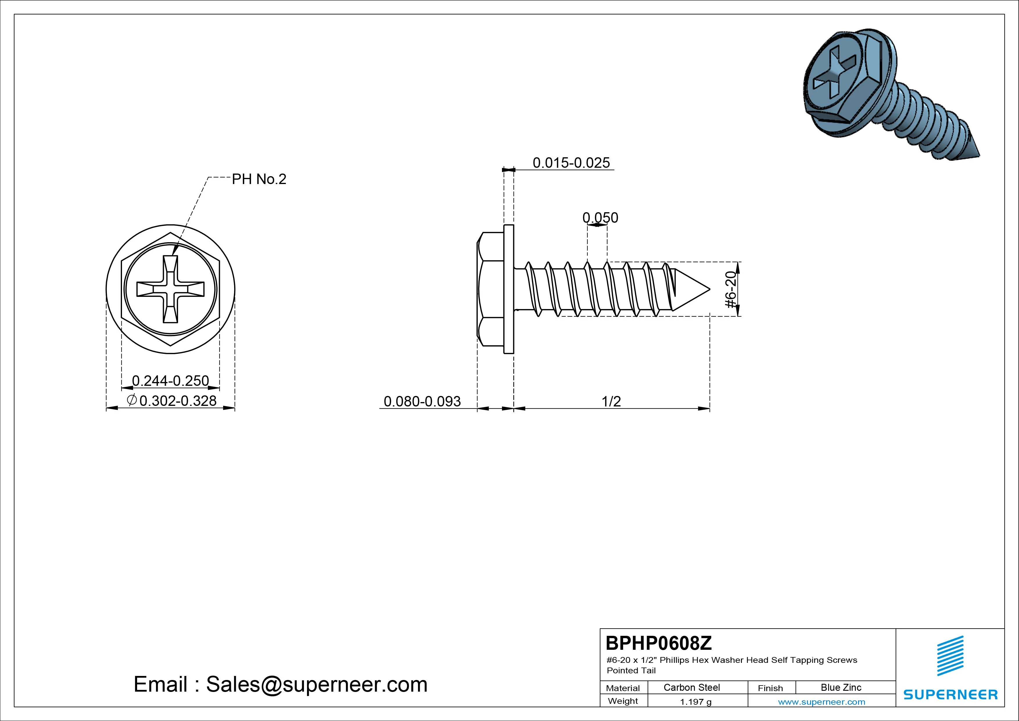 #6-20 x 1/2" Phillips Hex Washer Head Self Tapping Screws Pointed Tail SUS304 Stainless Steel