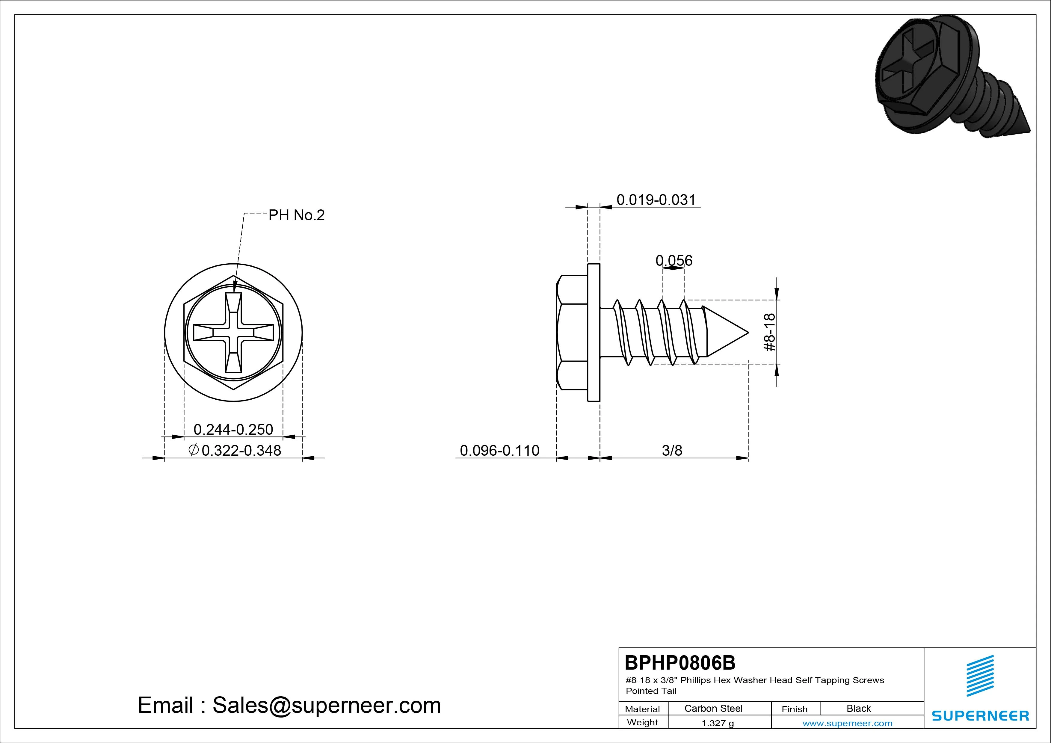 #8-18 x 3/8" Phillips Hex Washer Head Self Tapping Screws Pointed Tail SUS304 Stainless Steel
