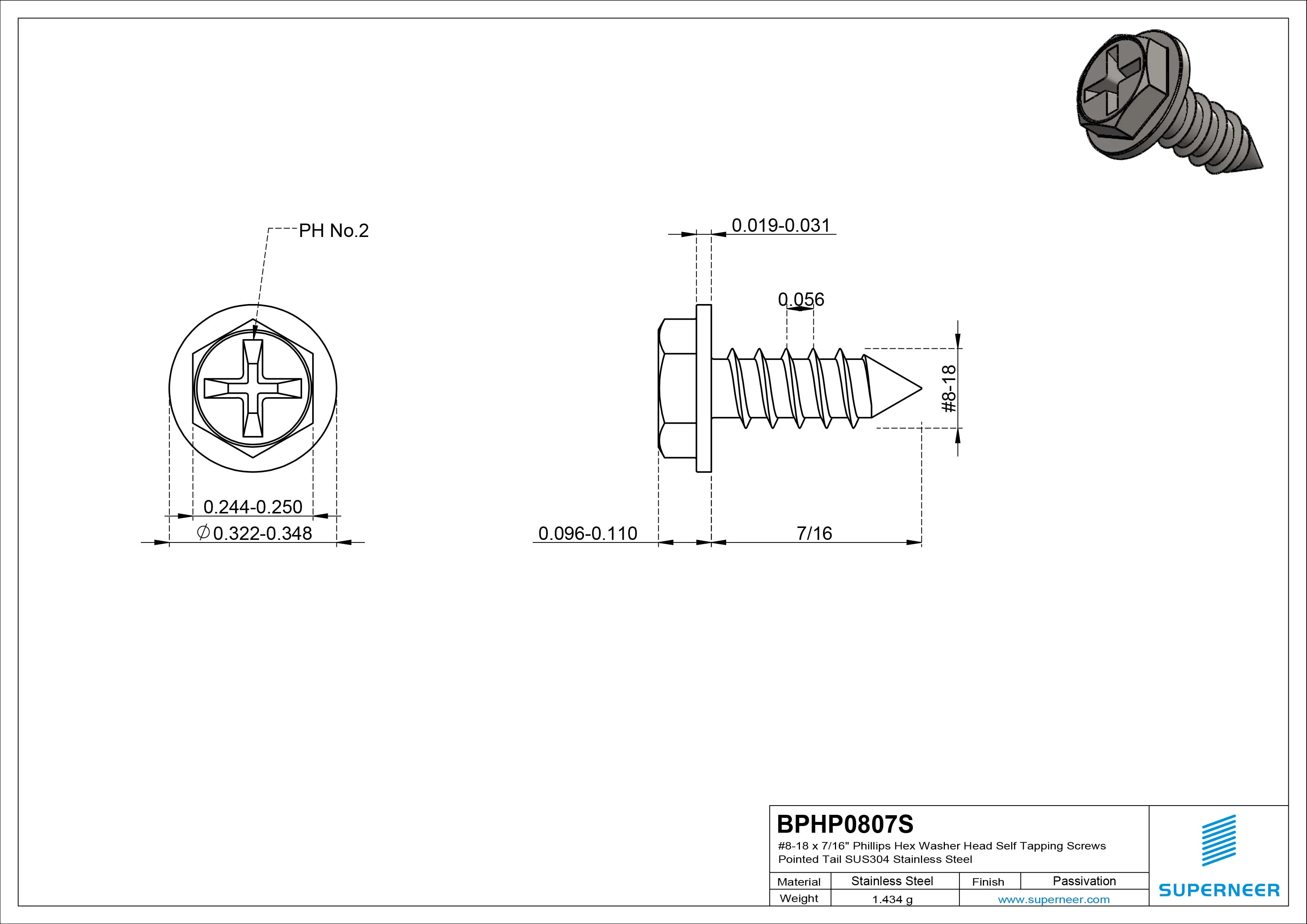 #8-18 x 7/16&ldquo; Phillips Hex Washer Head Self Tapping Screws Pointed Tail SUS304 Stainless Steel