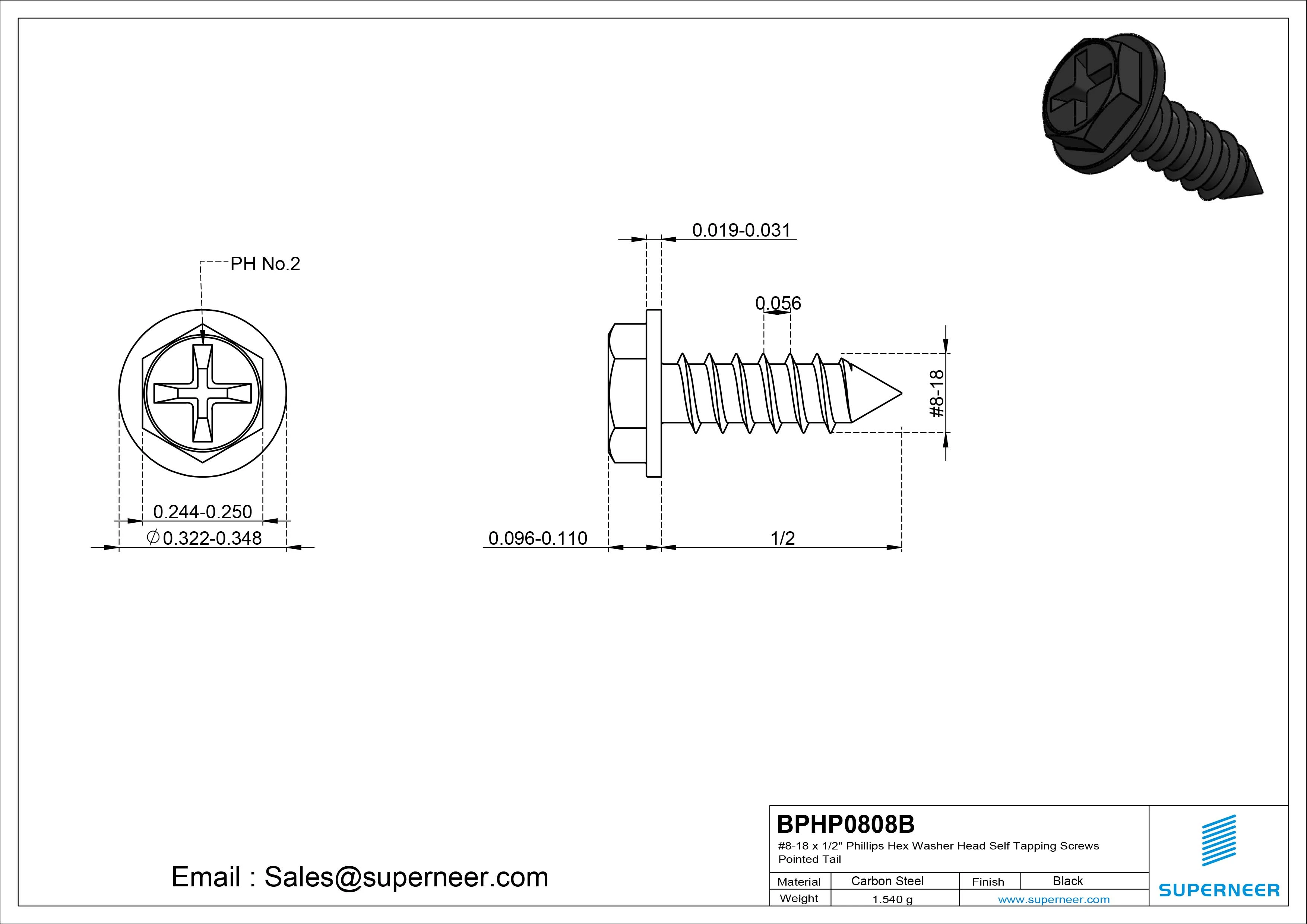 #8-18 x 1/2" Phillips Hex Washer Head Self Tapping Screws Pointed Tail SUS304 Stainless Steel