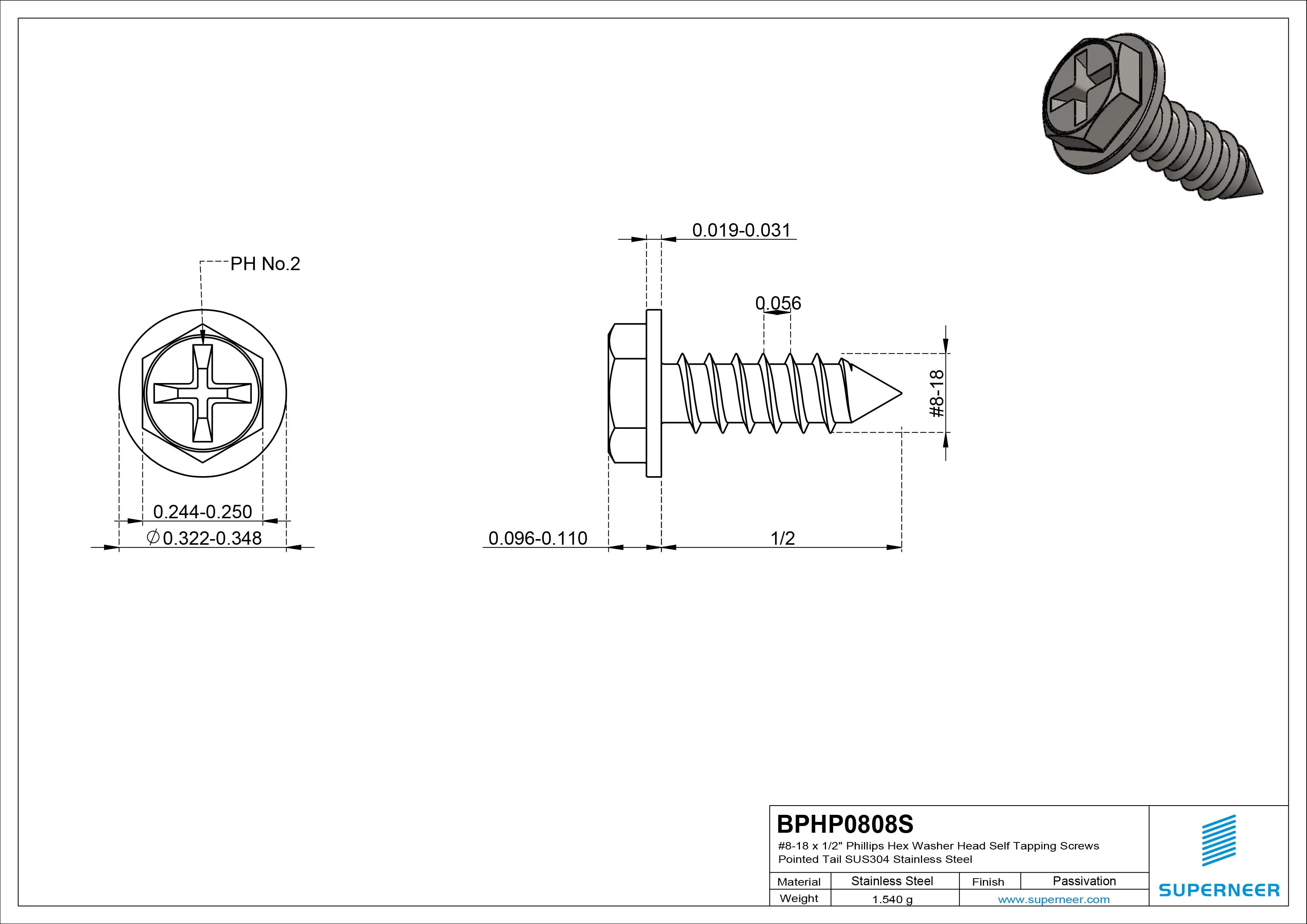 #8-18 x 1/2" Phillips Hex Washer Head Self Tapping Screws Pointed Tail SUS304 Stainless Steel