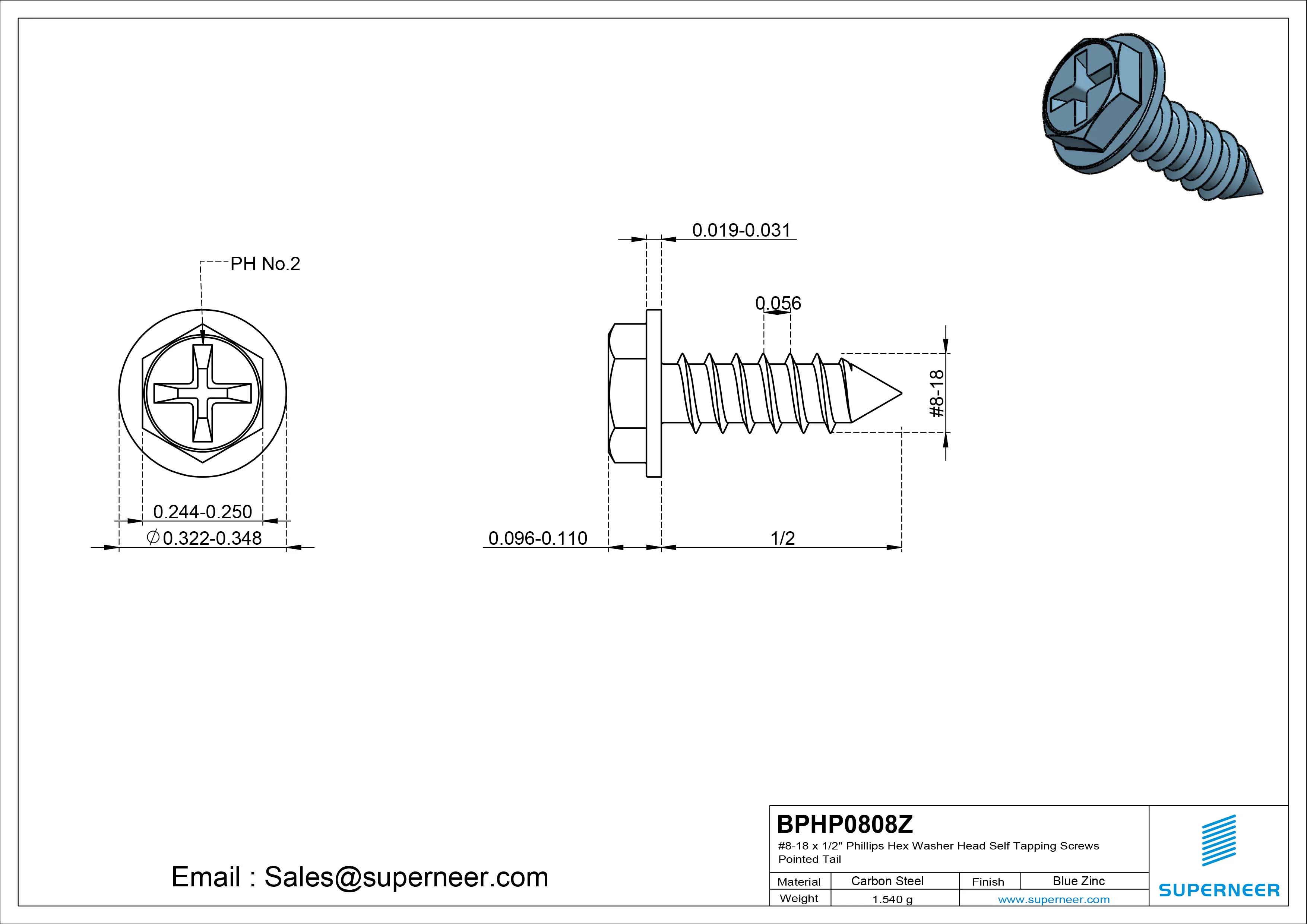 #8-18 x 1/2" Phillips Hex Washer Head Self Tapping Screws Pointed Tail SUS304 Stainless Steel