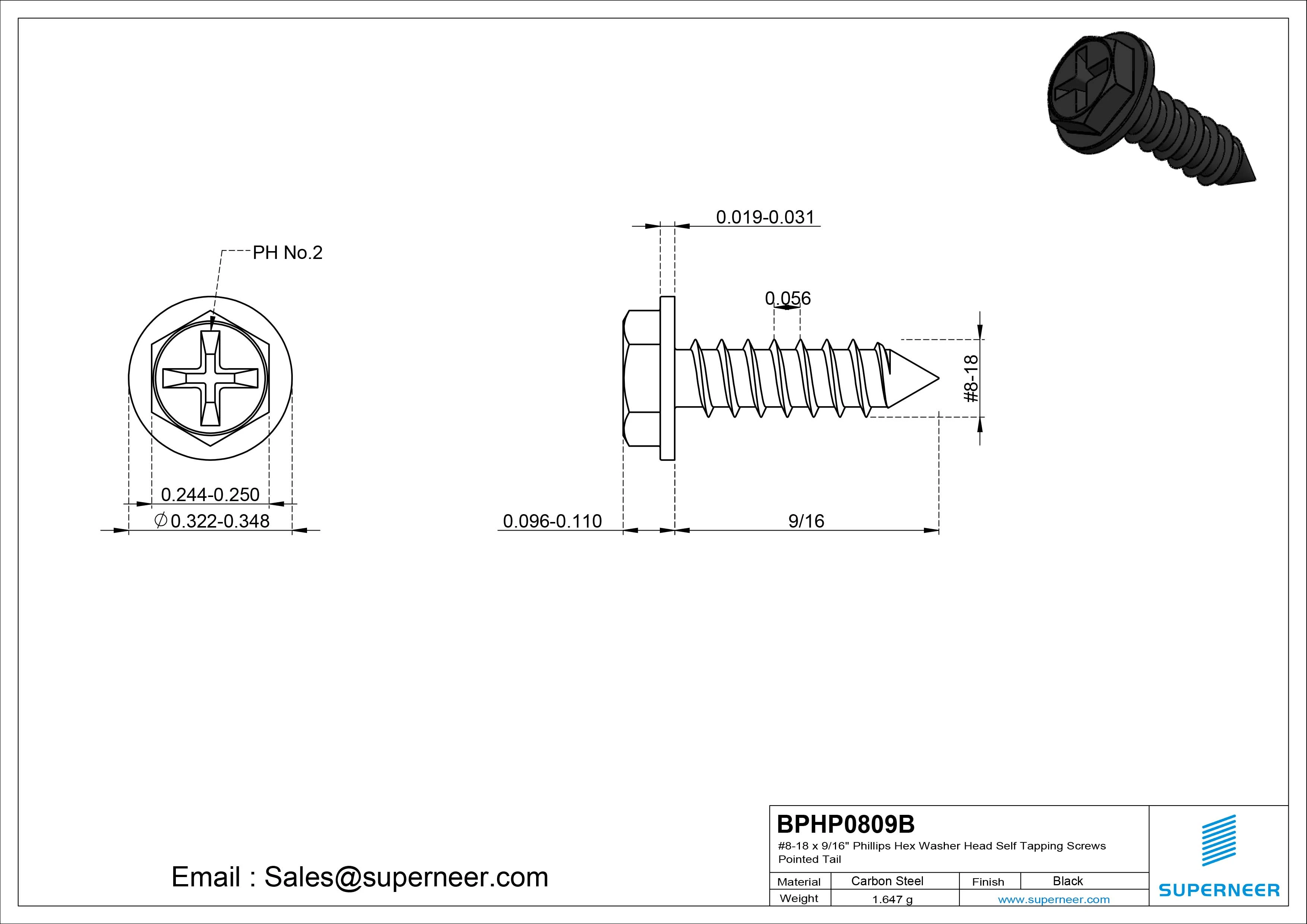 #8-18 x 9/16" Phillips Hex Washer Head Self Tapping Screws Pointed Tail SUS304 Stainless Steel