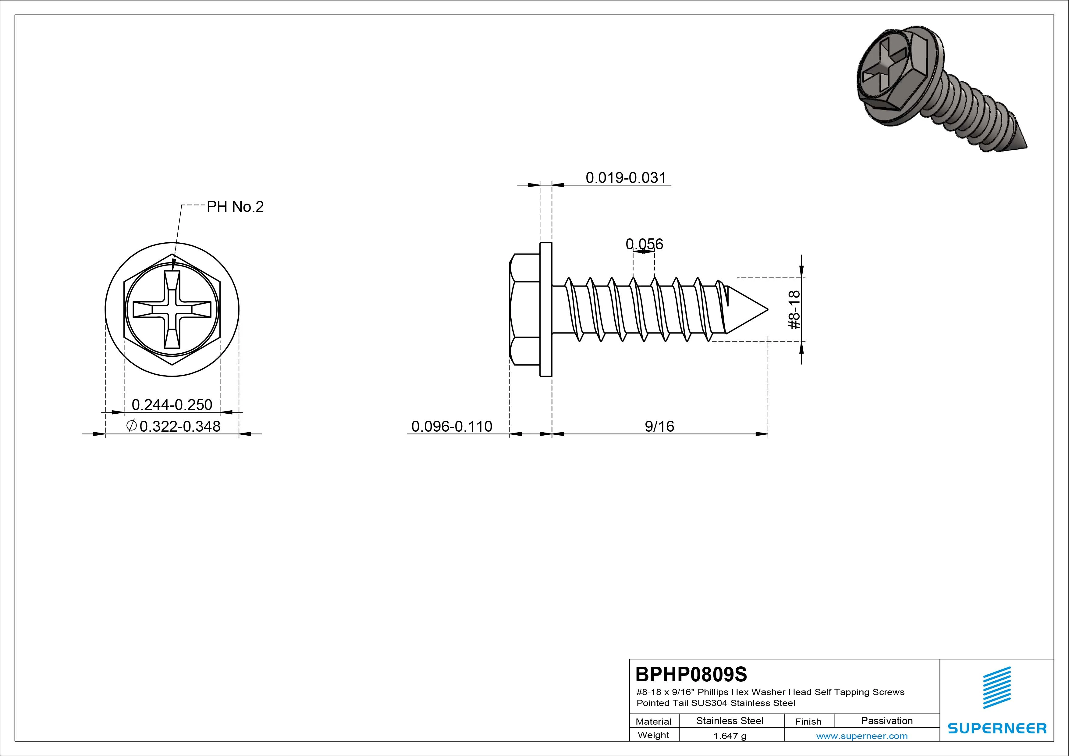 #8-18 x 9/16" Phillips Hex Washer Head Self Tapping Screws Pointed Tail SUS304 Stainless Steel